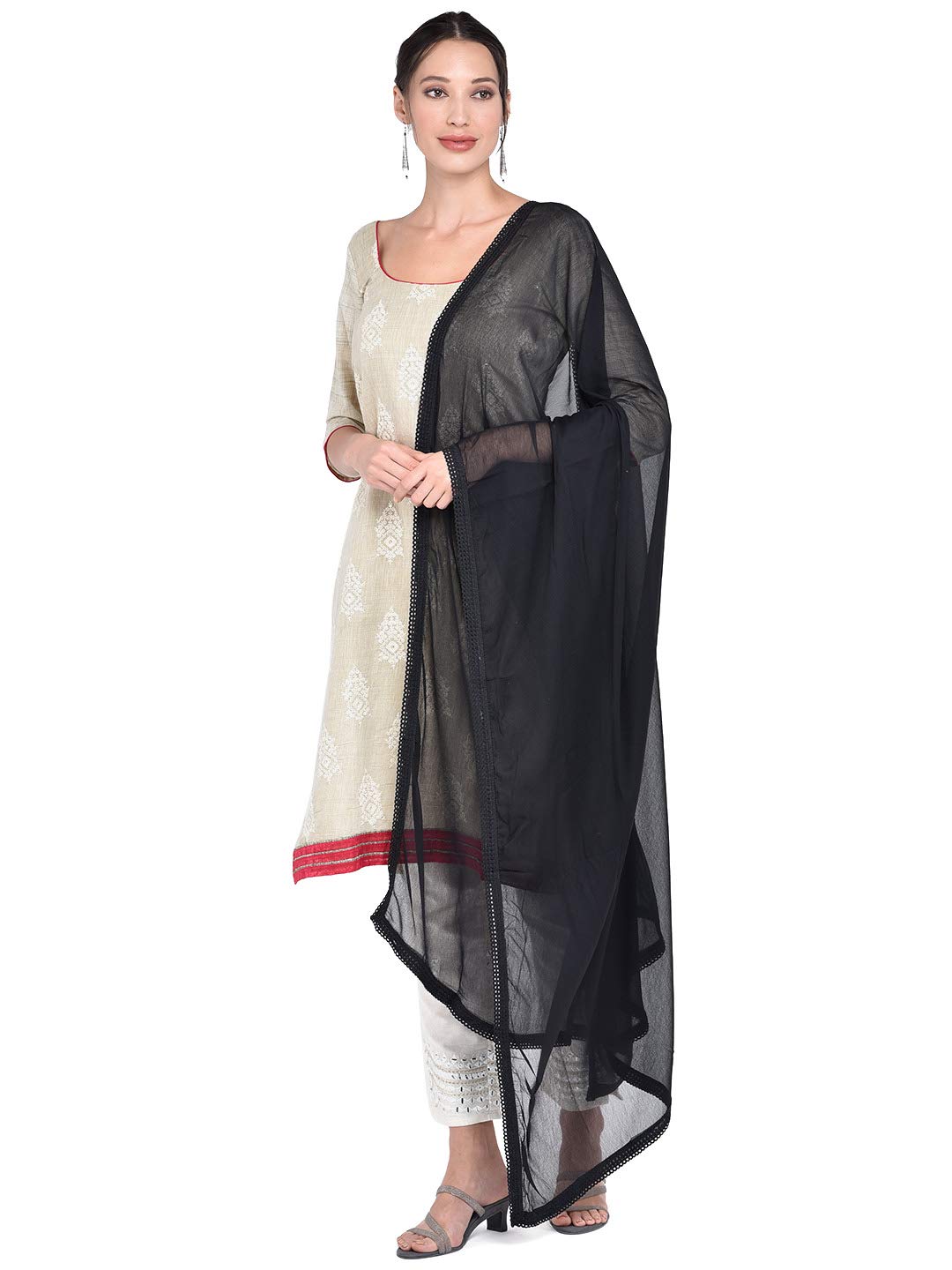 DUPATTA BAZAAR Women's Black Pure Chiffon Dupatta Scarf with Elegant Lace Trim - Perfect for Weddings, Parties, and Traditional Outfits