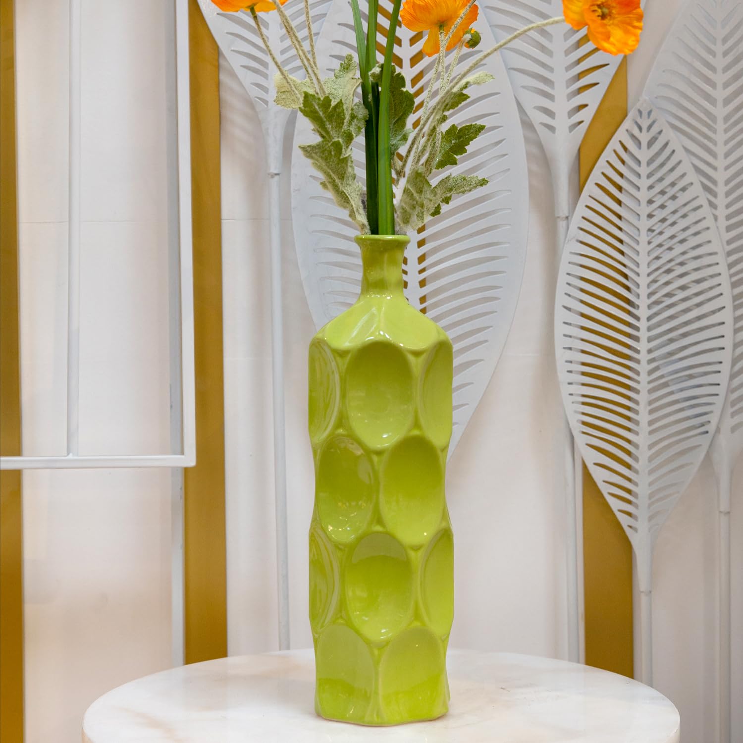 Handmade Ceramic Round Bottle Vase with Dimpled Sides - Small Glossy Green Home Decor for Centerpieces, Wedding Decor & Living Room Accents
