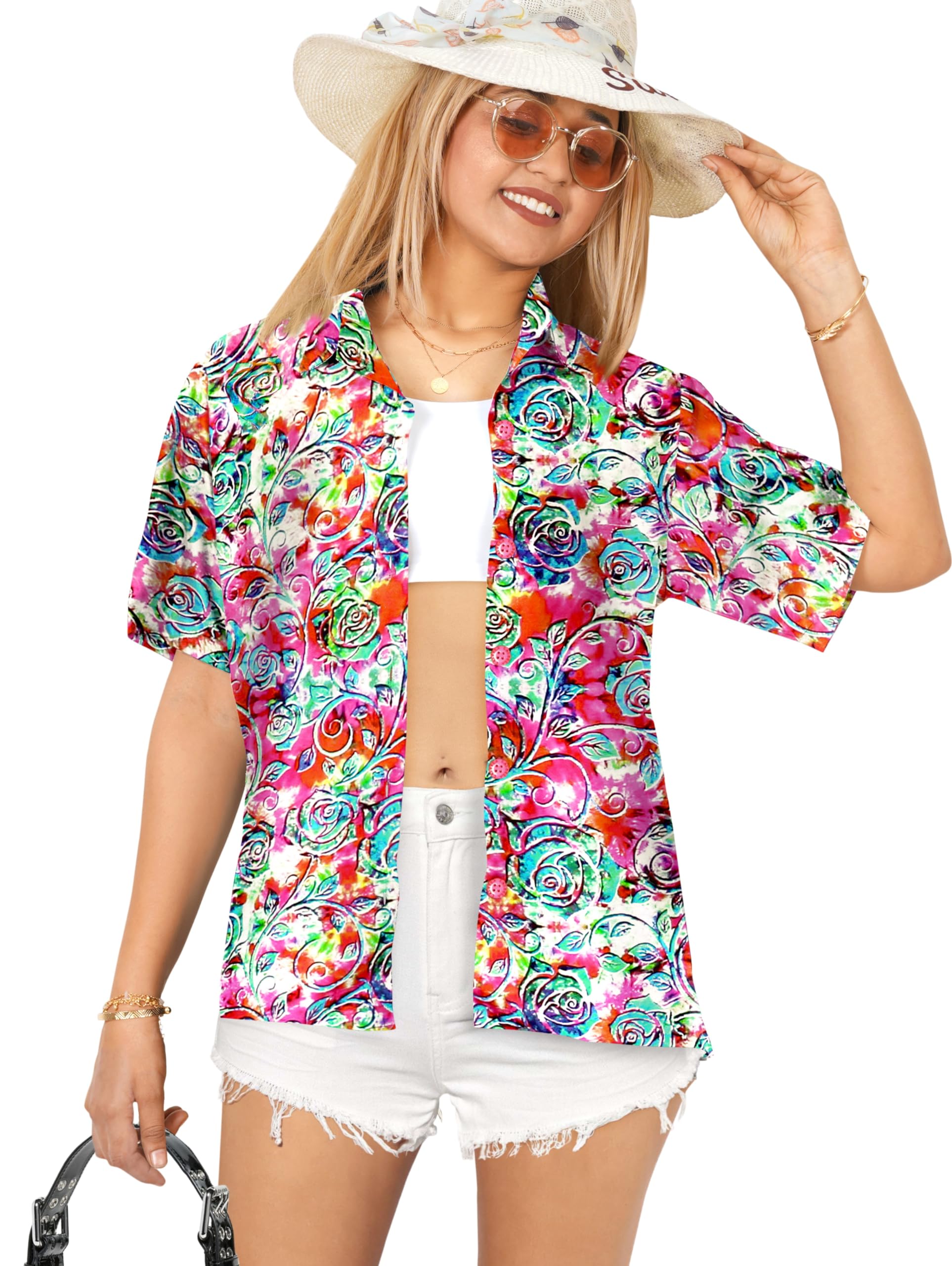 LA LEELA Women's Hawaiian Beach Short Sleeve Blouse - Floral Print Vacation Shirt for Summer, Pool Party & Tropical Getaways