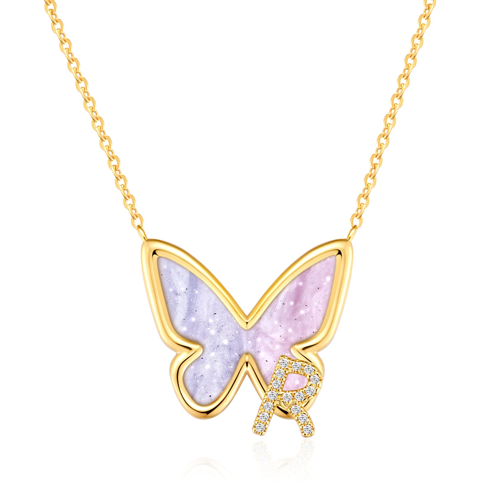 FONKUP Butterfly Initial Necklace - 14K Gold Plated Personalized Name Pendant Jewelry for Women | Trendy Cute Gift for Birthday, Anniversary & Valentine's Day