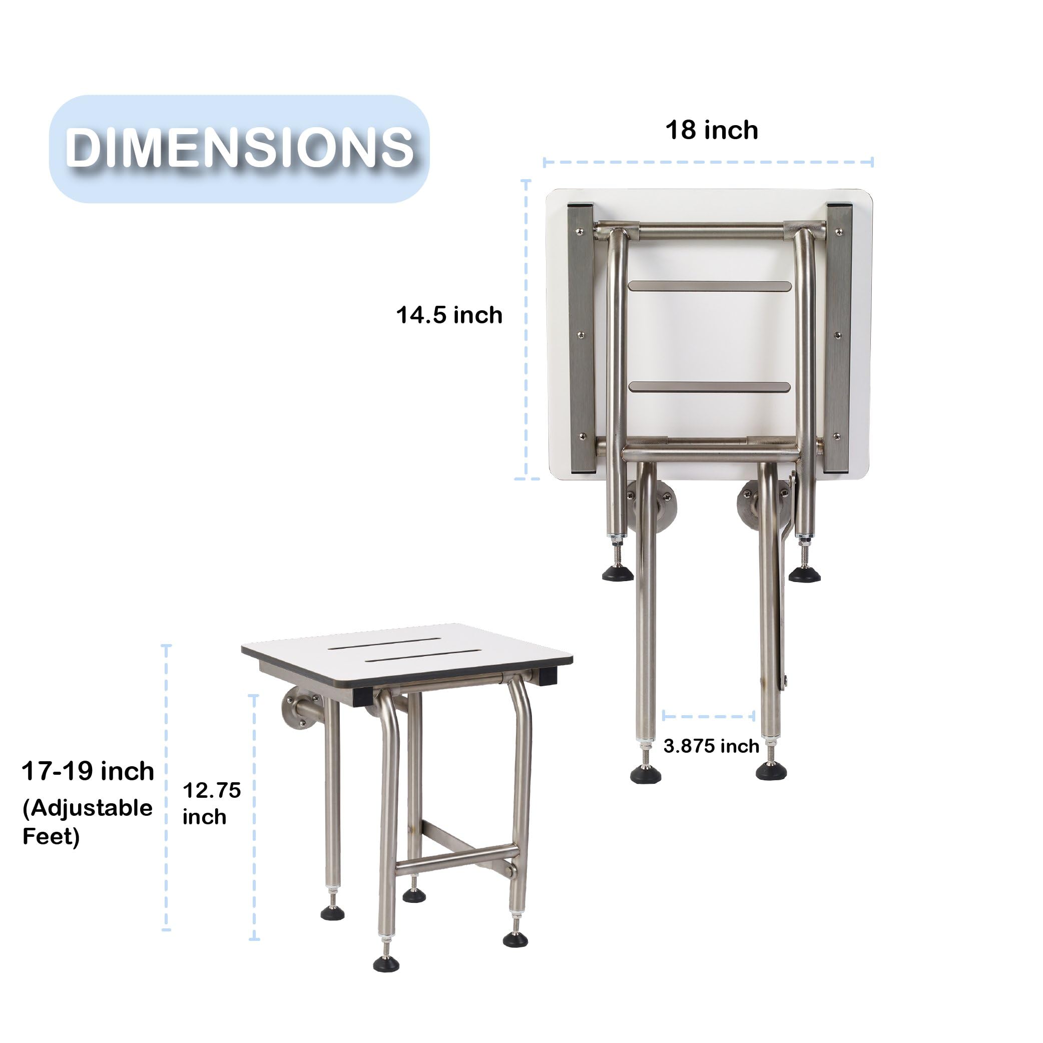 **Heavy Duty ADA Shower Chair with Legs - 400lbs Capacity, 304 Stainless Steel Frame - Folding Shower Seat for Elderly & Disabled (18”x16”) - Wall Mounted or Freestanding - Ideal for Bathroom Safety & Accessibility**    *(Use Case: Perfect for seniors, disabled individuals, or post-surgery recovery, providing secure seating in showers, bathtubs, or wet rooms.)*