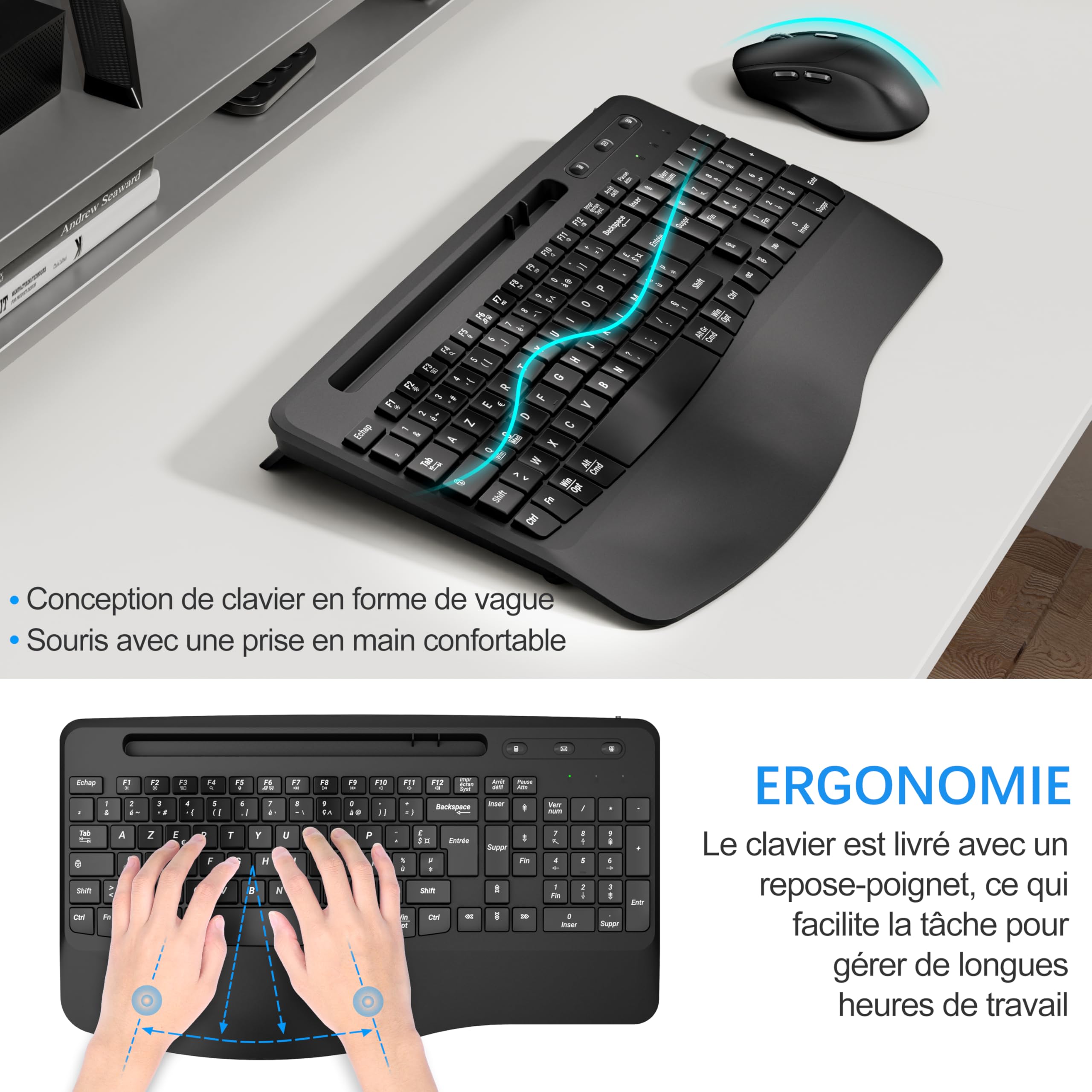 Moojay 2.4G Wireless Keyboard and Mouse Set - Ergonomic Rechargeable Silent Keyboard with Wrist Rest, Full Size Mouse for PC, Mac, Windows - Perfect for Office, Gaming & Home Use (Black)
