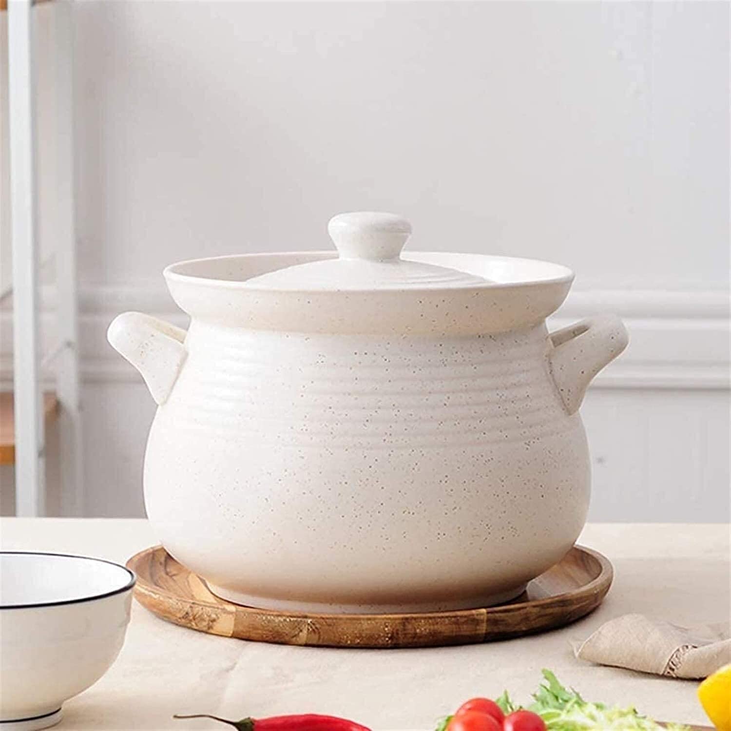 Heat-Resistant Ceramic Casserole Dish with Lid - Korean Bibimbap Stone Pot, Flower Pattern Soup & Stew Cookware for Oven & Stovetop - Perfect for Bibimbap, Hot Pot & Slow Cooking (White)