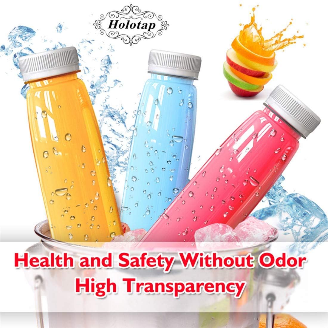 Holotap 48 Pack 8 oz Plastic Bottles with White Tamper Evident Caps - Empty PET Juice Containers for DIY Drinks, Essential Oils, Homemade Cosmetics & Liquid Storage (8 Ounce, White) - Perfect for Home Brewing, Crafting & Small Business Packaging