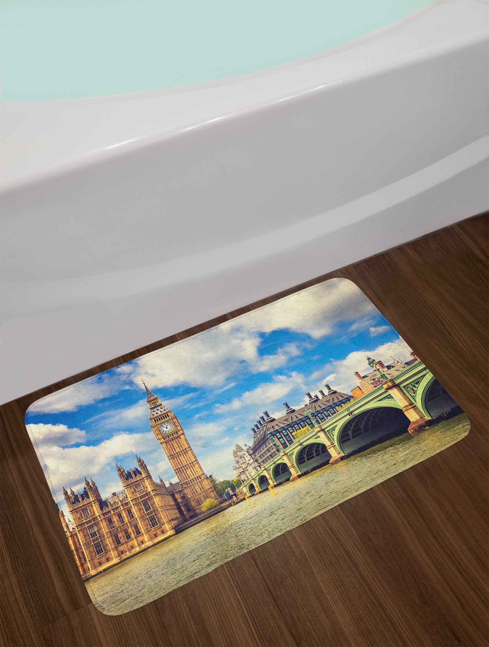 Lunarable London Themed Bath Mat - Big Ben Clock Tower & Westminster Bridge Spring Cloudy Day Design, Non-Slip Plush Bathroom Rug, 30.2 x 20 Inches, Pale Green & Brown - Perfect for UK Themed Bathroom Decor & Gift Ideas