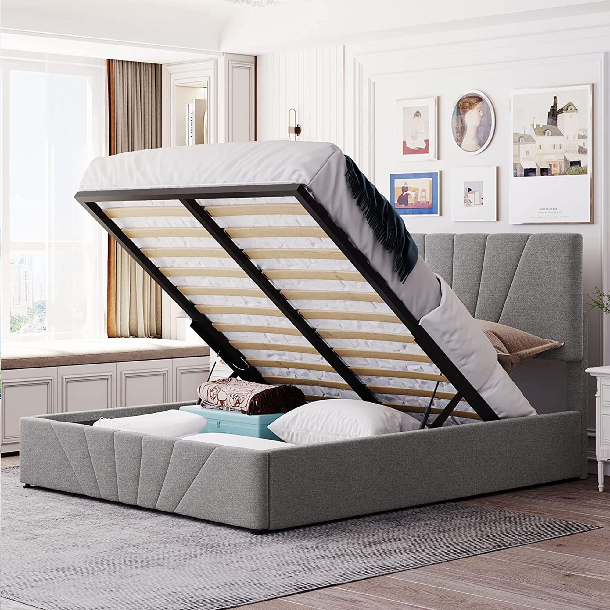 Queen Size Upholstered Platform Bed Frame with Gas Lift Storage | Grey Tufted Headboard & Hydraulic System | Space-Saving Bedroom Furniture for Small Apartments & Guest Rooms