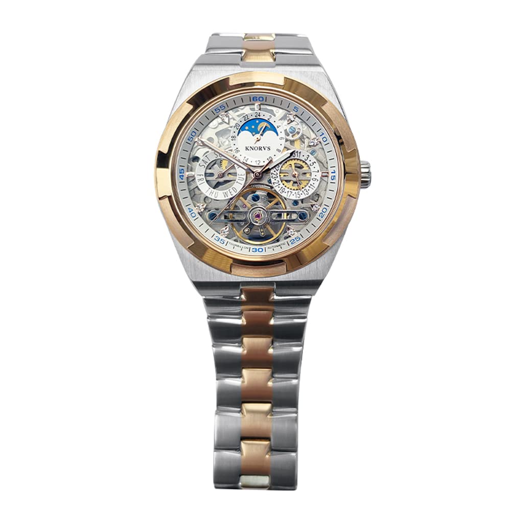 Luxury Men's Automatic Skeleton Tourbillon Watch - Self-Winding Mechanical Moon Phase Day Date Display - Waterproof & Luminous for Business, Formal & Nighttime Wear
