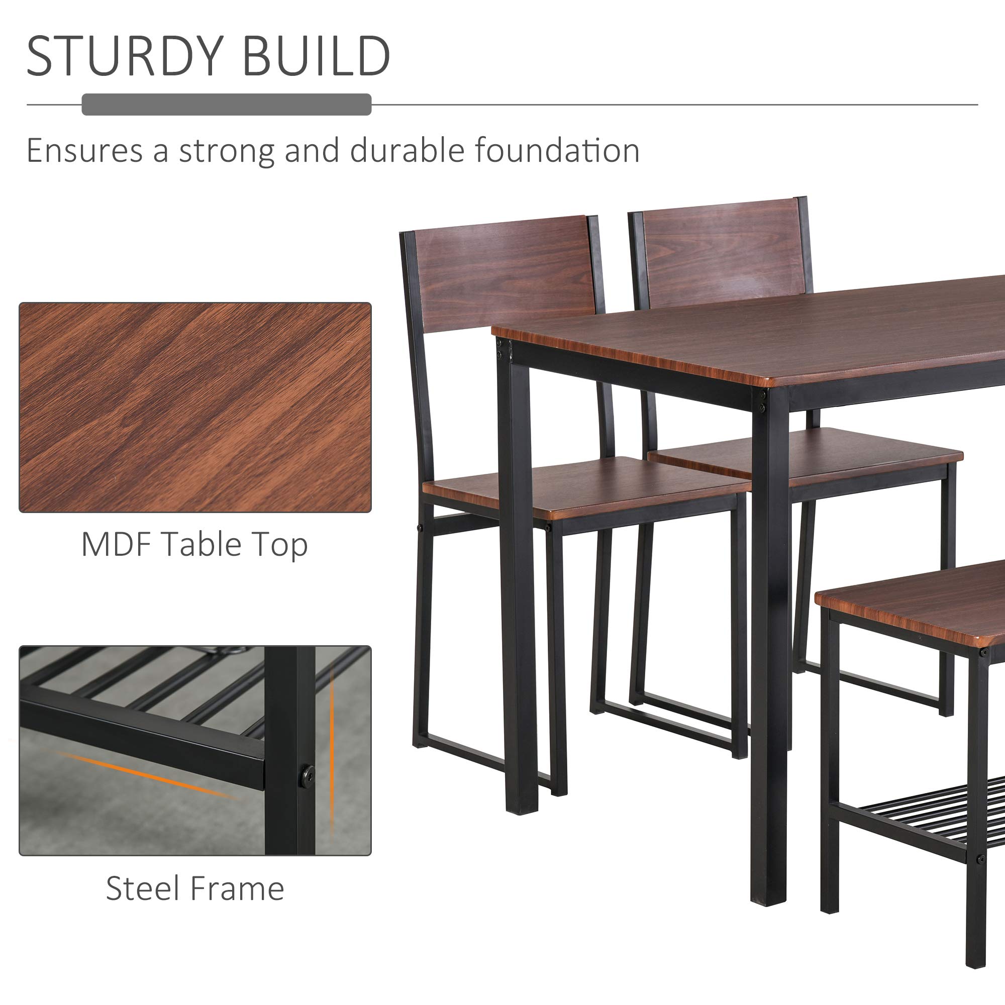 HOMCOM 4-Piece Industrial Dining Set with Bench, Wooden Kitchen Table & Chairs, Storage Rack, Black/Brown – Perfect for Kitchen, Dinette, and Small Spaces