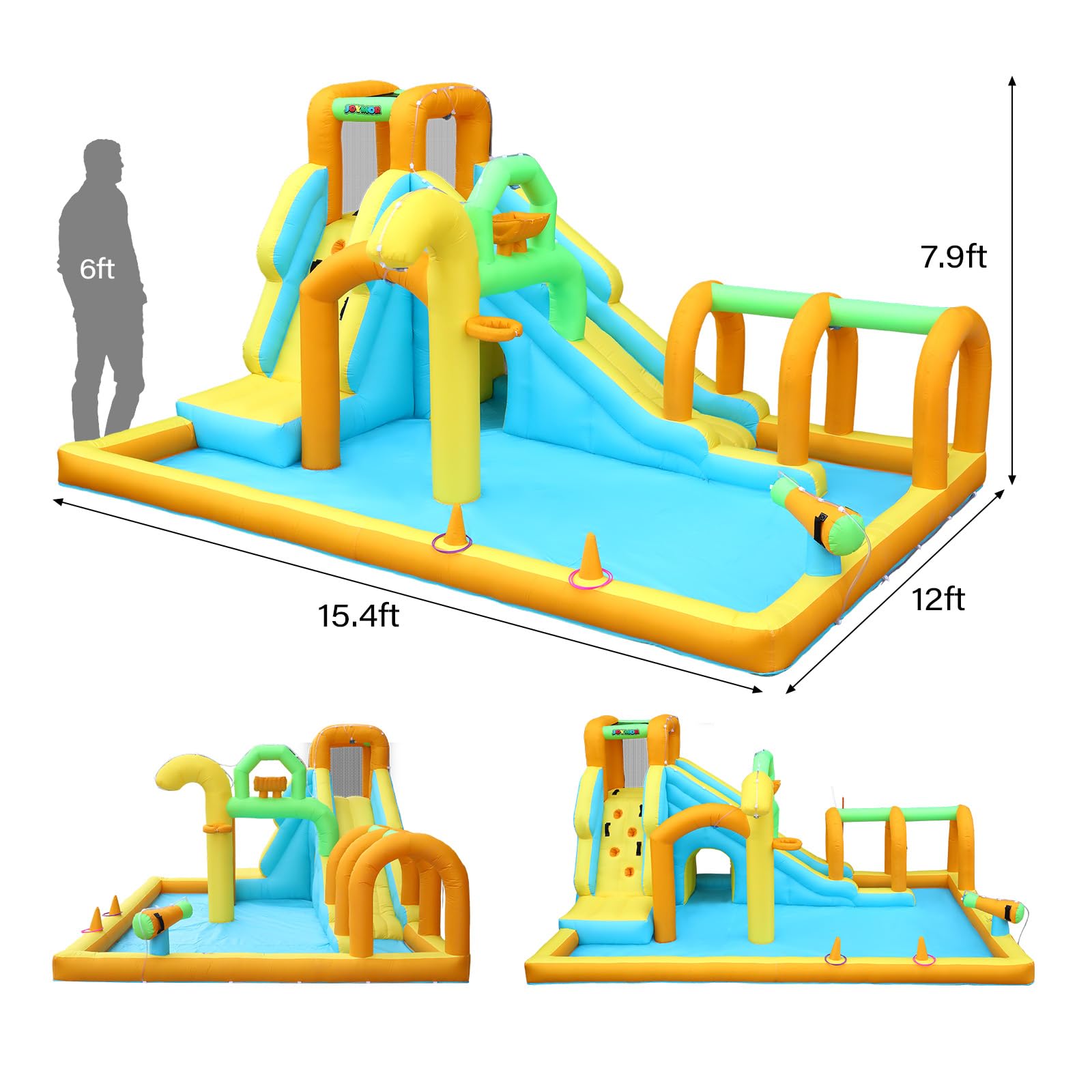 JOYMOR 10-in-1 Inflatable Water Slide Bounce House with Water Bucket, Tunnel, Water Cannon & Basketball Hoop - Fast 1 Minute Setup (Includes Air Blower) - Outdoor Backyard Water Park for Kids Ages 3-10 - Perfect for Summer Parties, Birthdays & Family Fun