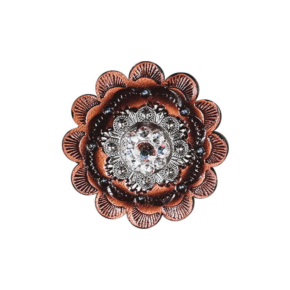 Vintage Silver European Crystal Concho with Leather Rosette - Western Jewelry for Belts, Hats & Boots Accessories