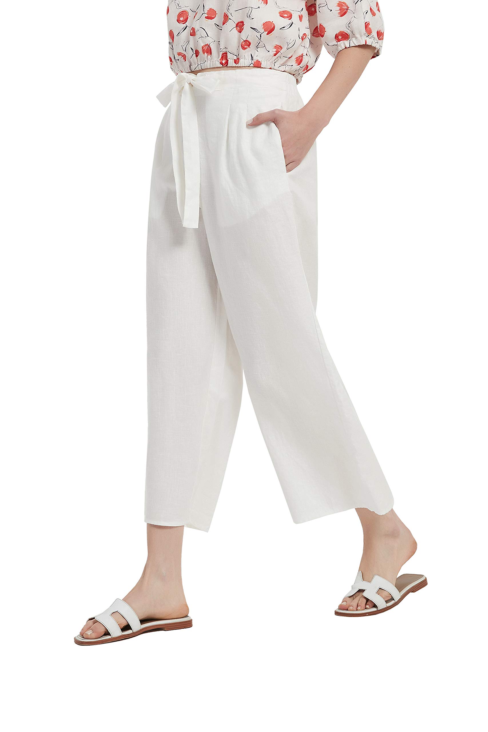 Women's 100% Linen Summer Elastic Waist Wide Leg Cropped Pants with Pockets - Breathable Comfort for Beach, Travel & Casual Outfits