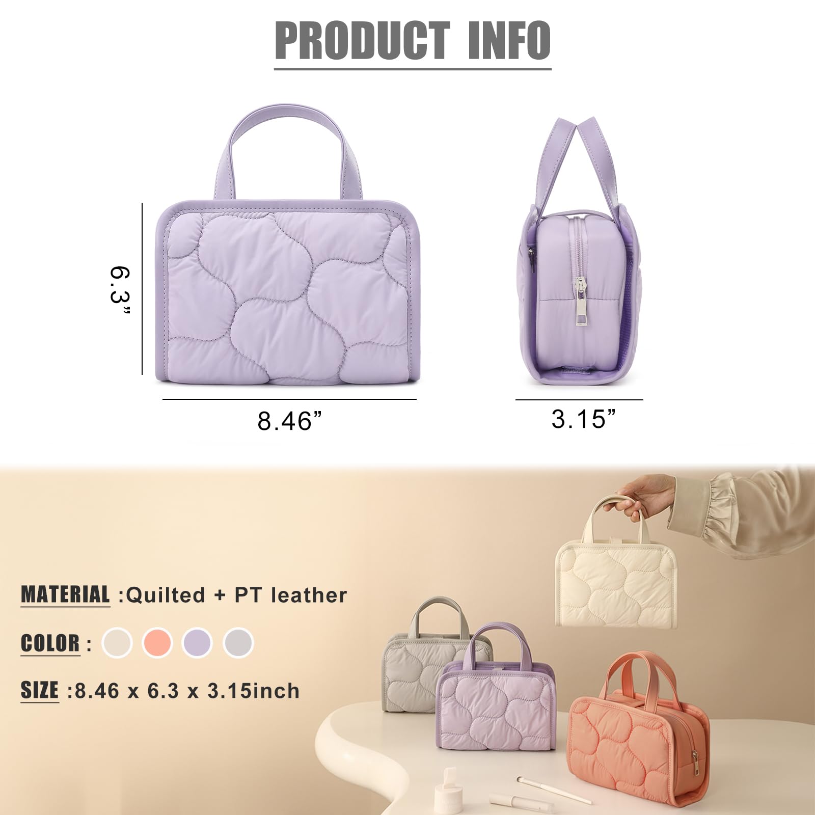 Travel Makeup Bag for Women & Girls - Removable Cosmetic Organizer with Brush Compartment | Portable Puffy Toiletry Case with Clear Windows & Handle (Lavender) | Perfect for Air Travel, Gym, Beach & Daily Use