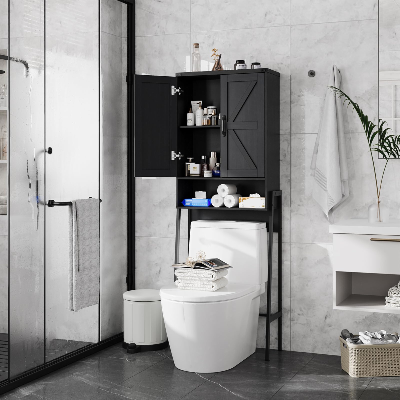 Over The Toilet Storage Cabinet with 2 Doors - Bathroom Organizer with Shelves & Anti-Tip Device - Space Saving Storage for Bathroom, Restroom & Laundry - Perfect for Small Spaces & Apartment Living (Black)