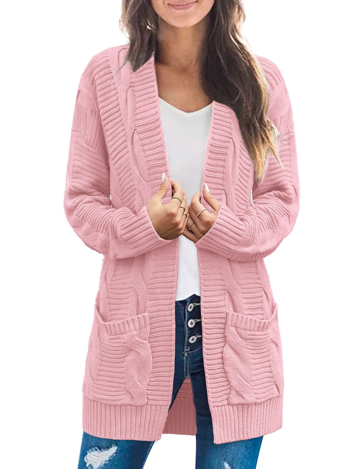 SYZRI Women's Cable Knit Open Front Cardigan - Long Sleeve Chunky Sweater with Pockets | Cozy Fall & Winter Layering Piece for Office, Casual Outfits and Travel