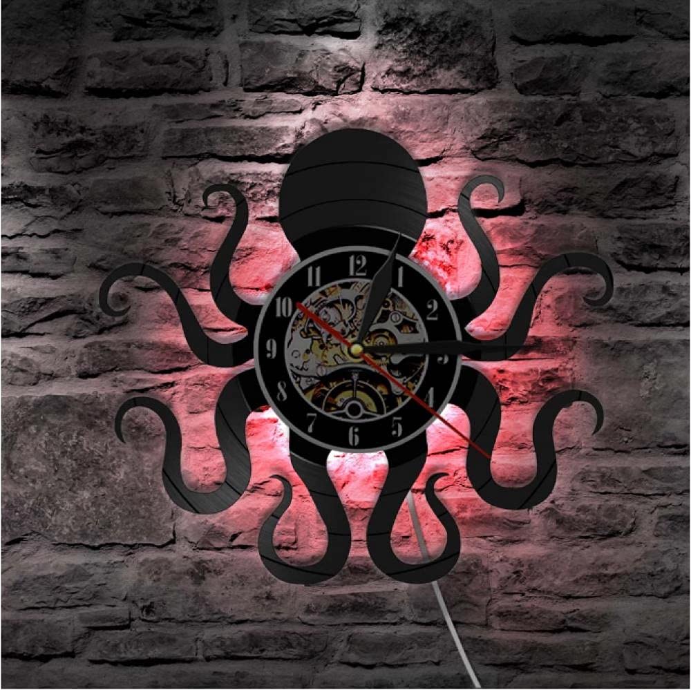 Retro Octopus Vinyl Record Wall Clock with LED Backlight - Modern Kraken Ocean Animal Night Light for Bedroom, Living Room & Home Decor