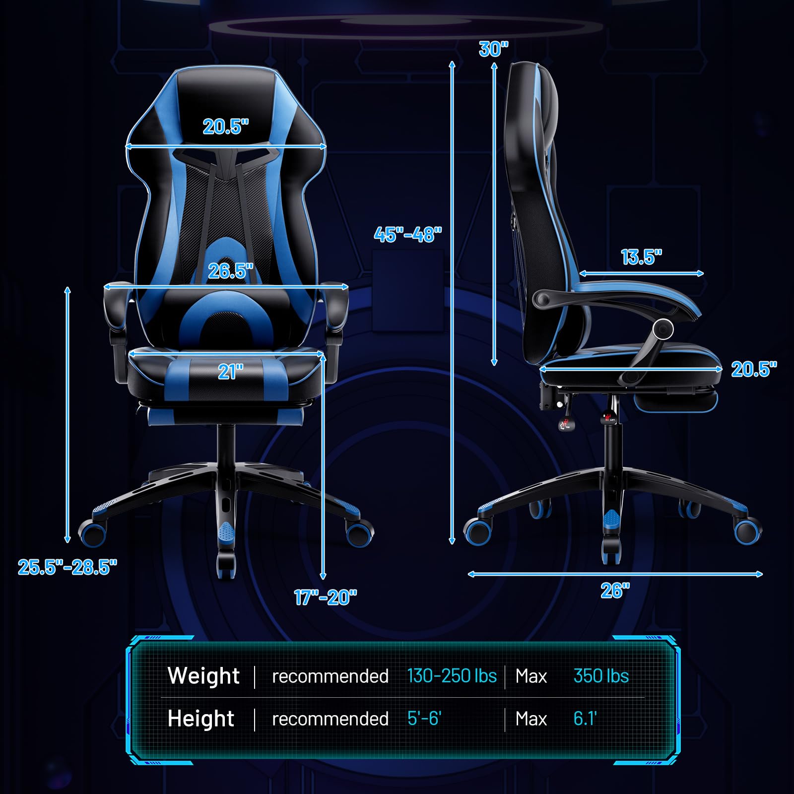 POWERSTONE Ergonomic Gaming Chair - High Back Racing Style Office Computer Chair with Adjustable Footrest & Reclining Function, Swivel Video Game Chair for Adults & Teens (Blue) - Perfect for Esports, Streaming & Home Office Workspace