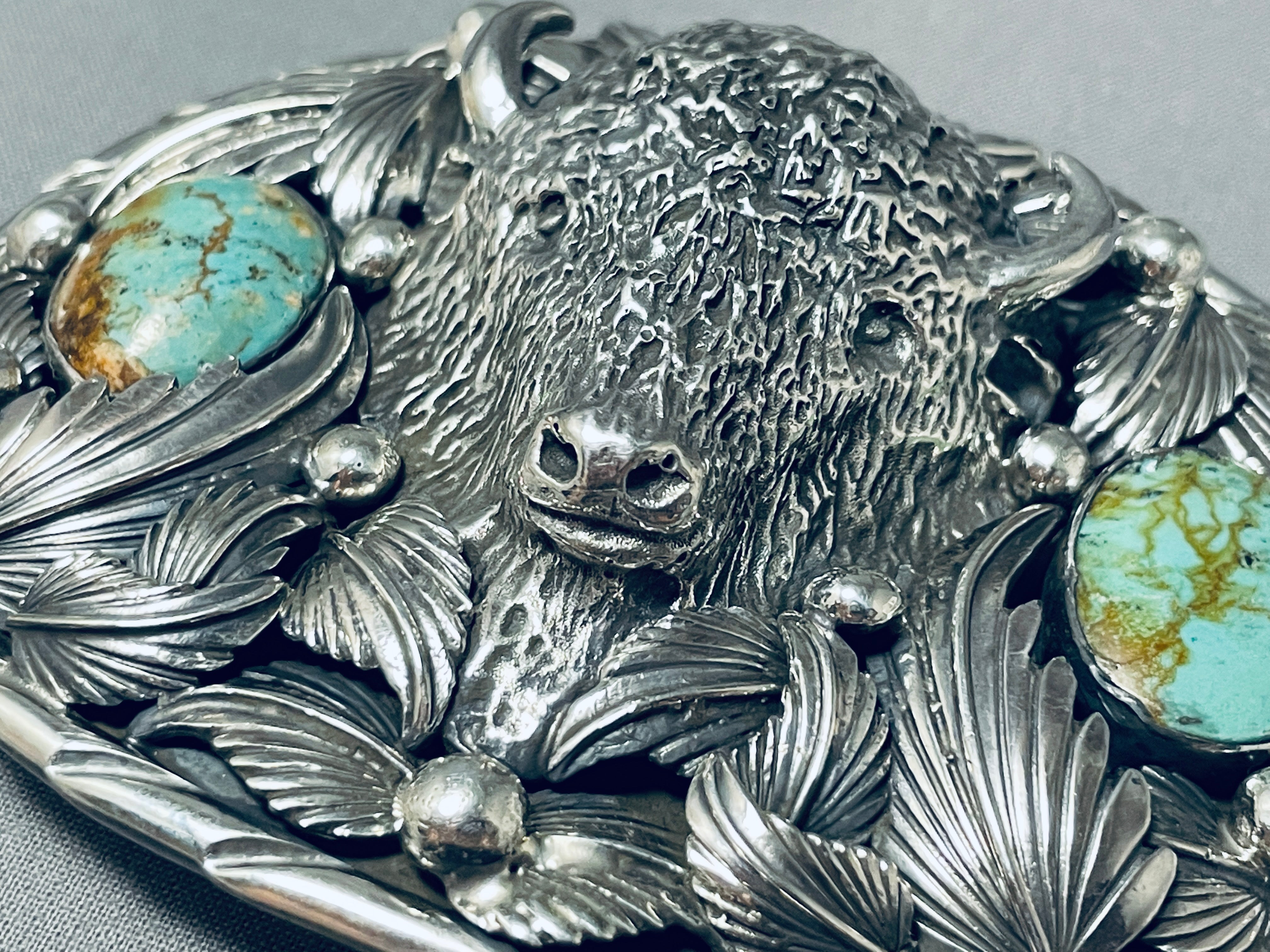 Authentic 166g Buffalo Head Native American Turquoise Sterling Silver Belt Buckle - Handcrafted Jewelry for Western Fashion & Native American Style Accessories