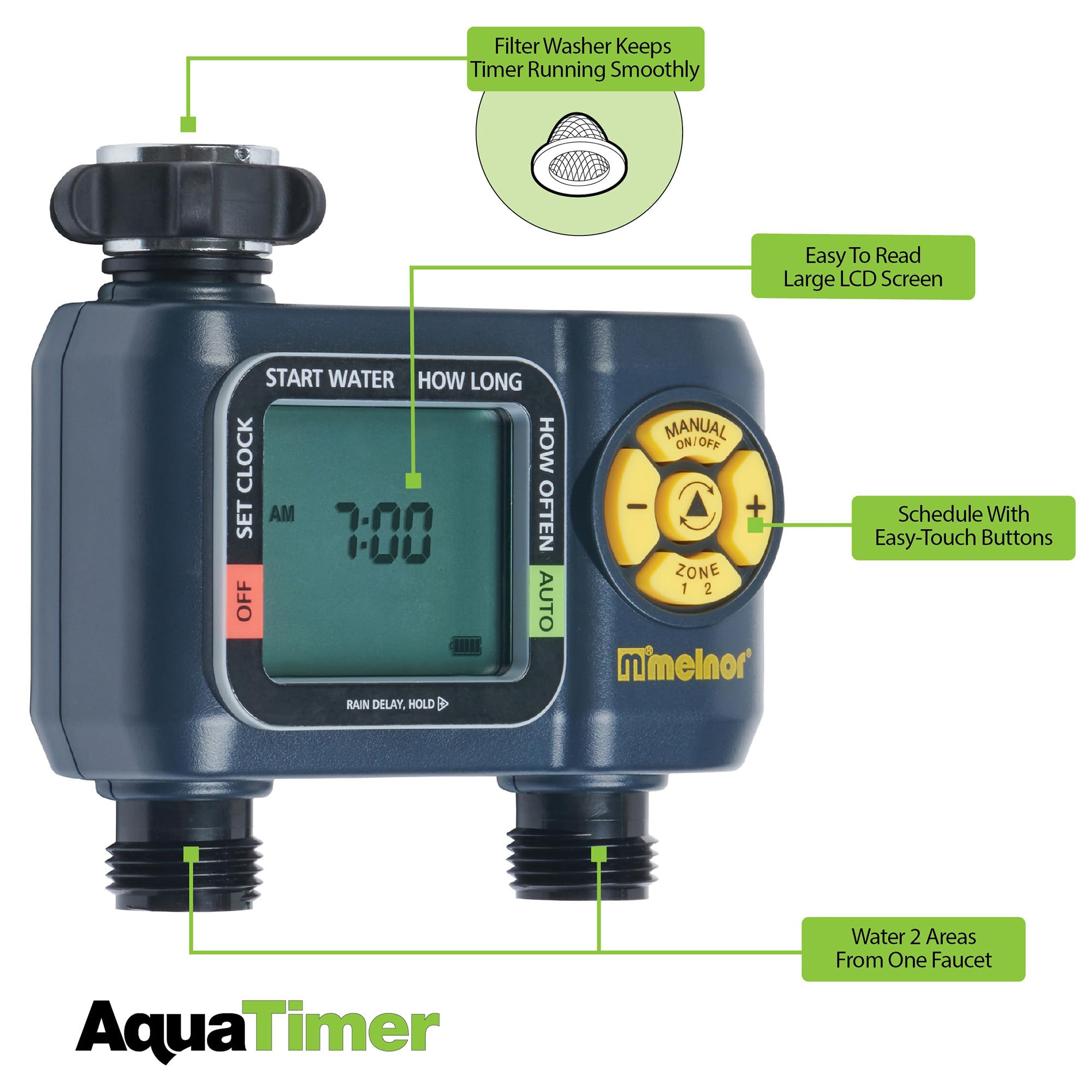 Melnor 65139AMZ AquaTimer Digital Hose Timer - 2-Zone Programmable Watering System with Quick Connect | Automatic Garden Irrigation for Lawns, Flower Beds & Potted Plants | Black & Yellow Design