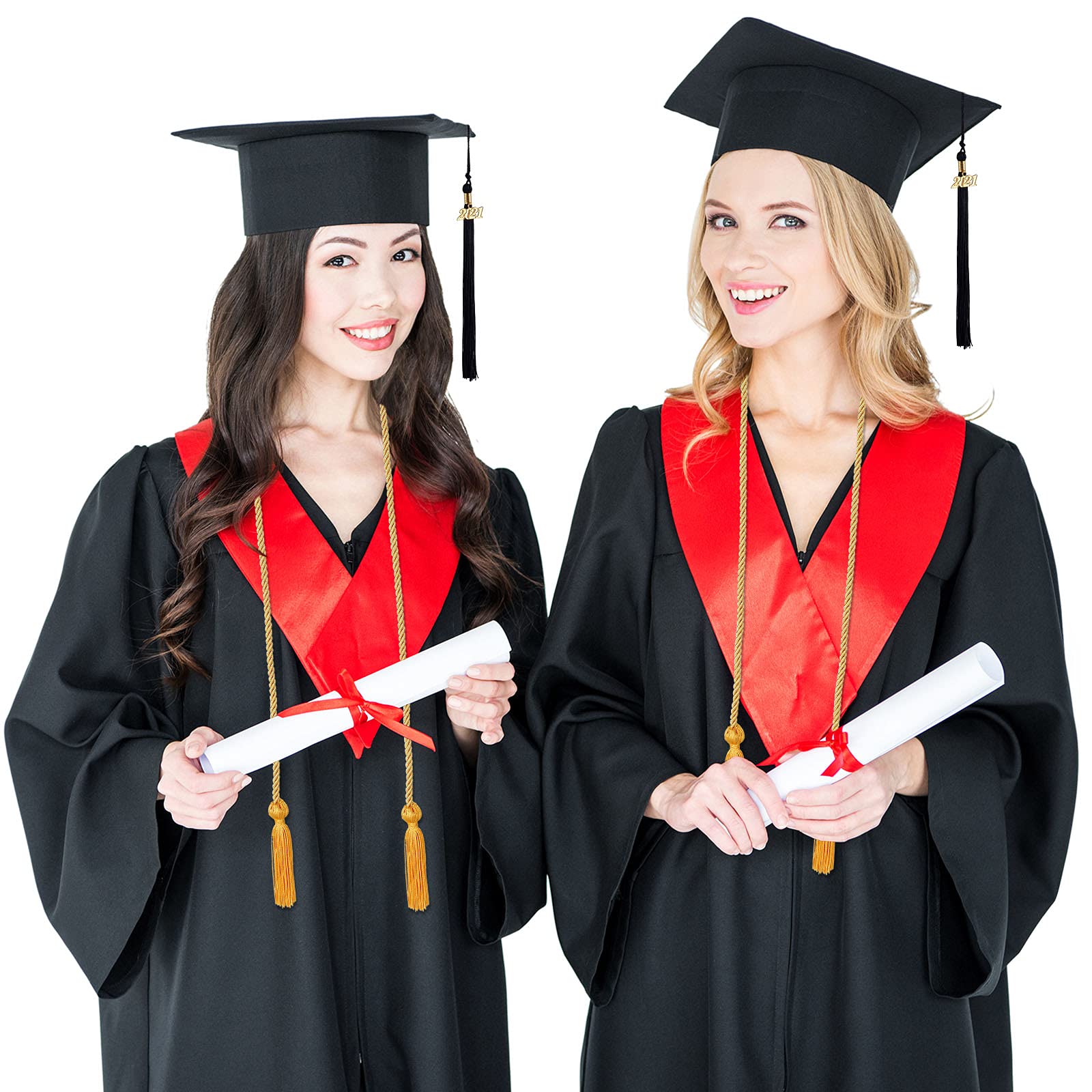 3 Pack Graduation Honor Cords & Tassel Set with 2021 Gold Charm - Commencement Accessories for High School & College Graduates - Perfect for Graduation Ceremonies, Parties & Decorations (Gold)