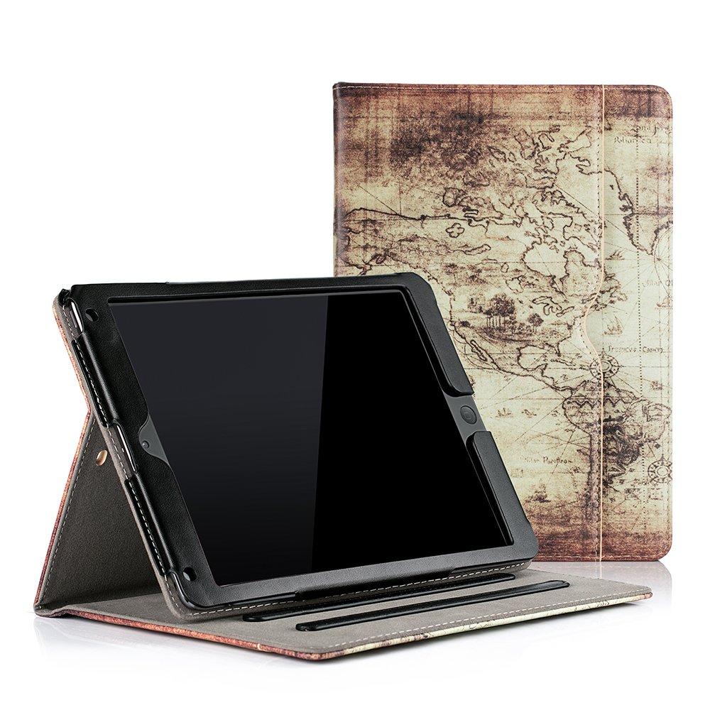 RUBAN iPad 9.7 Inch Case (2018/2017/Air 2/Air 1) - Multi-Angle Folio Stand Cover with Corner Protection, Auto Wake/Sleep & Storage Pocket (World Map Design) - Perfect for Work, Travel and Home Use