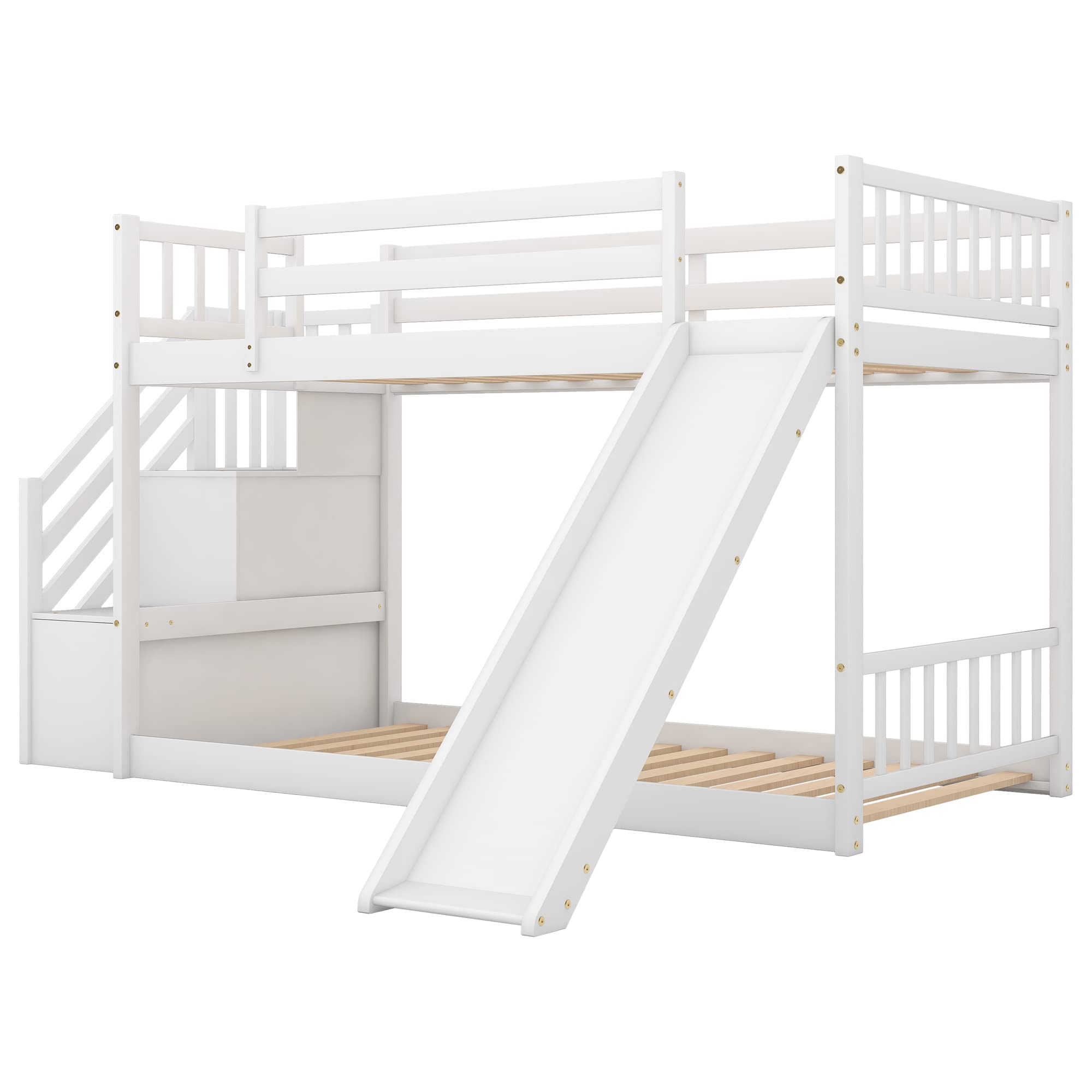 Harper & Bright Designs Twin Over Twin Low Profile Bunk Bed with Slide & Staircase - Solid Wood Kids Bunk Bed, No Box Spring Needed, White - Perfect for Small Rooms, Kids' Bedrooms & Sleepovers