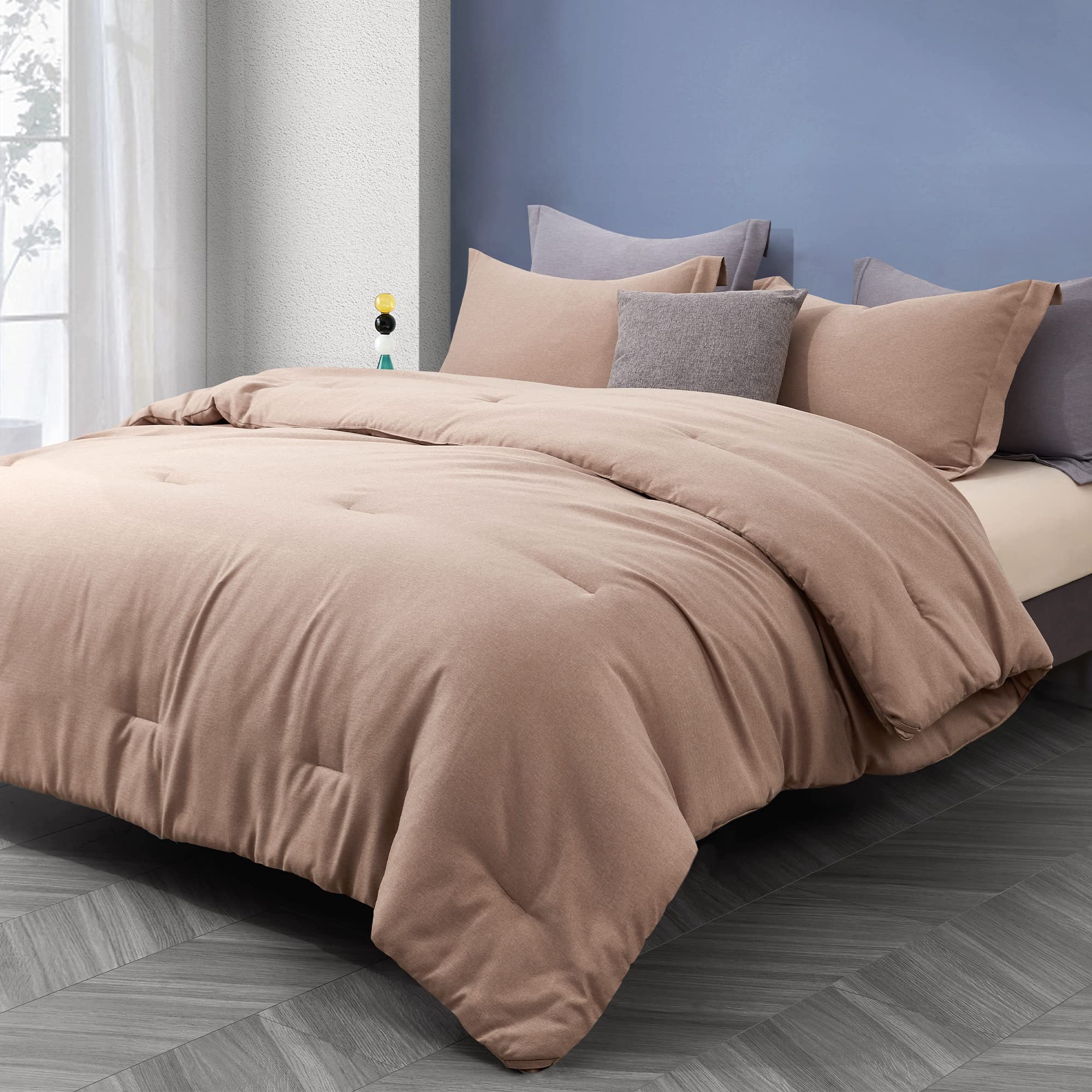 TILLYOU King Comforter Set - Breathable Lightweight Bedding in Khaki | 3-Piece Cationic Brushed Soft Comforter with 2 Pillow Shams | Perfect for Master Bedroom, Guest Room & Cozy Home Decor
