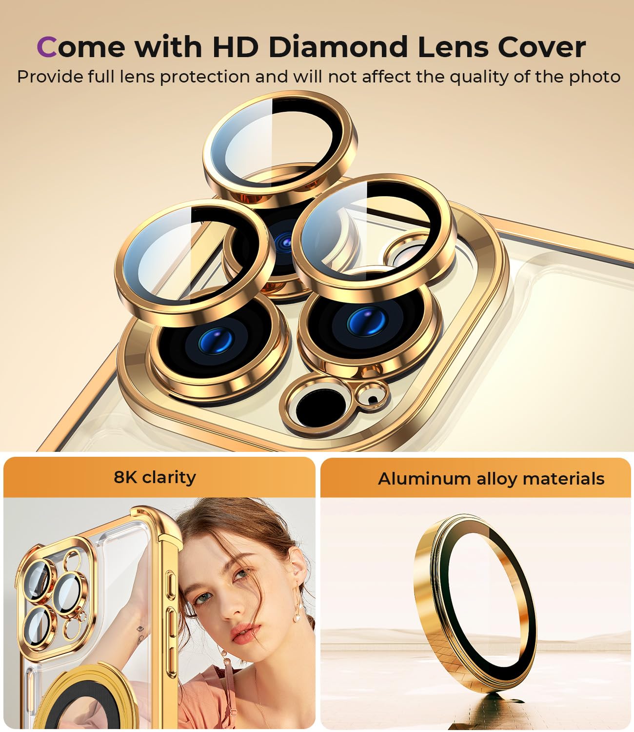 Shockproof iPhone 16 Pro Max Case with Built-in Lens Protector - Foldable Stand & Magnetic Ring Holder - Magsafe Compatible - Glossy Gold Bumper Case for Women - Perfect for Travel, Photography & Daily Protection