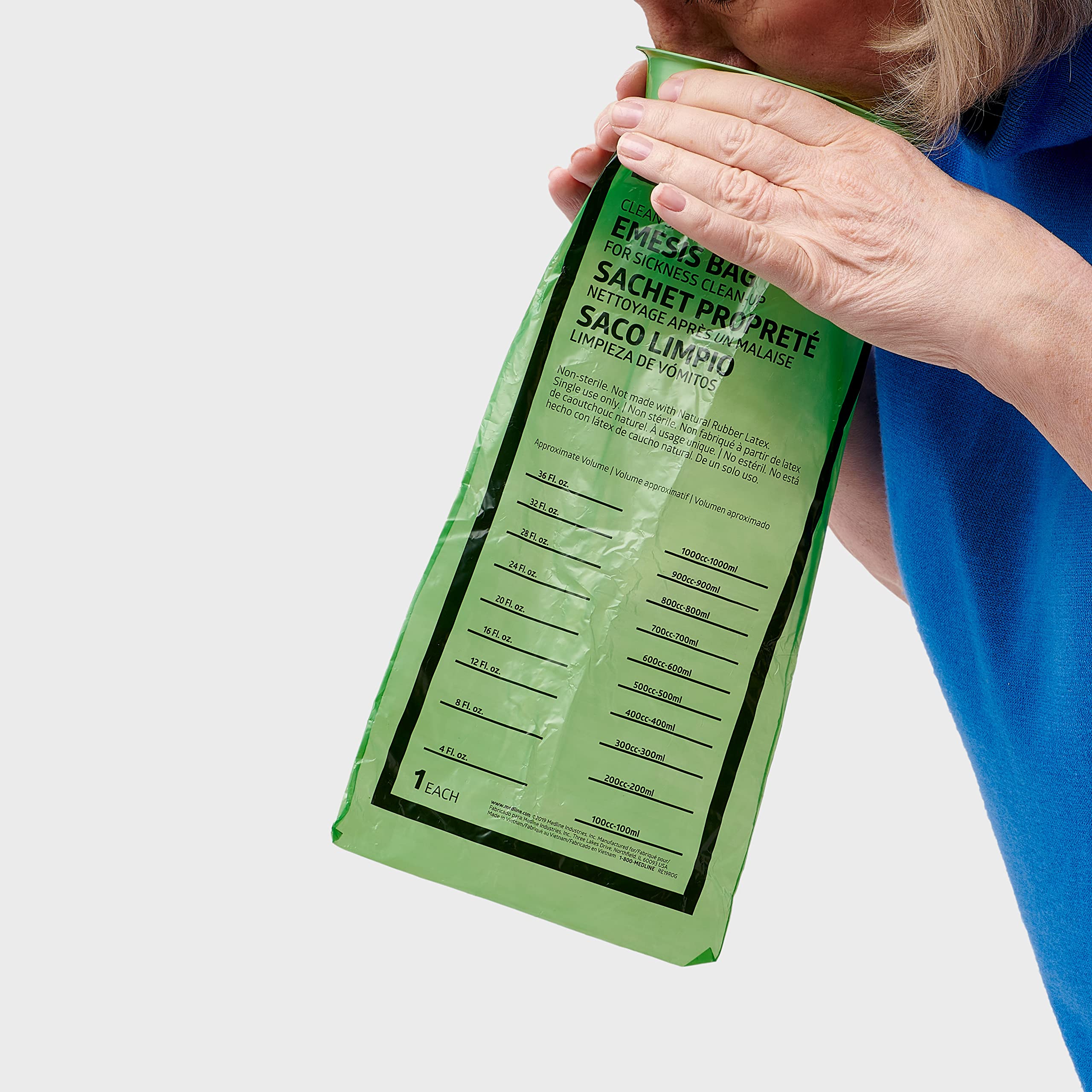 Medline Green Disposable Vomit Bags with Graduated Markings - 144 Count Case for Motion Sickness, Travel & Emergency Use in Cars, Boats, Planes & Urgent Care Facilities