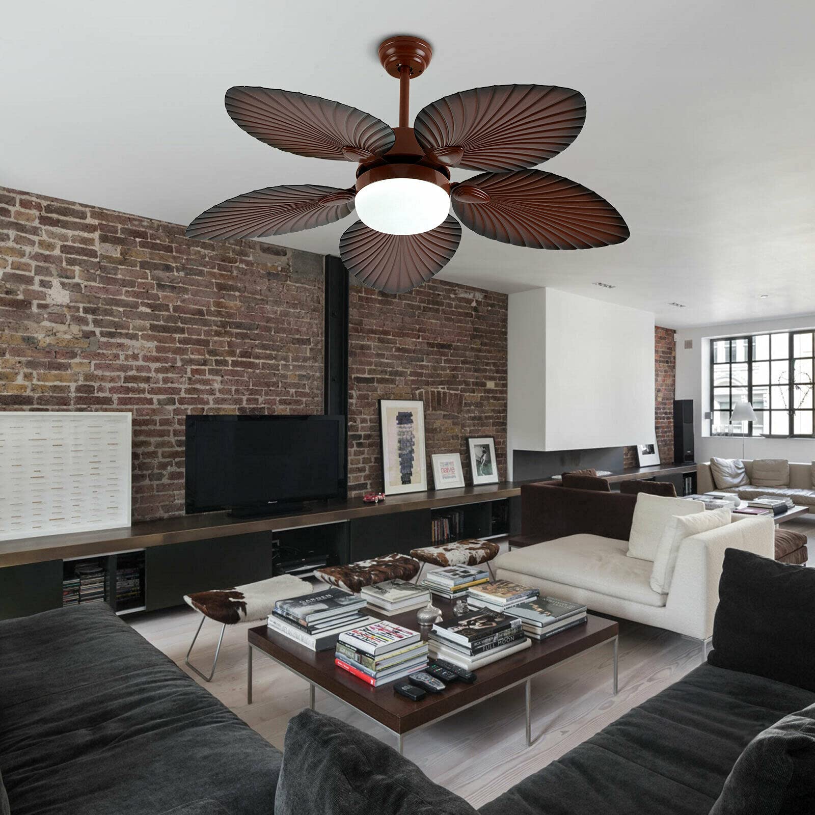 OUKANING 52-inch Tropical Ceiling Fan with LED Light and Remote Control - Indoor/Outdoor 5-Blade Palm Design for Living Room, Bedroom, Dining Room, Restaurant, Bar, Cafe - Perfect for Coastal Decor and Breezy Comfort
