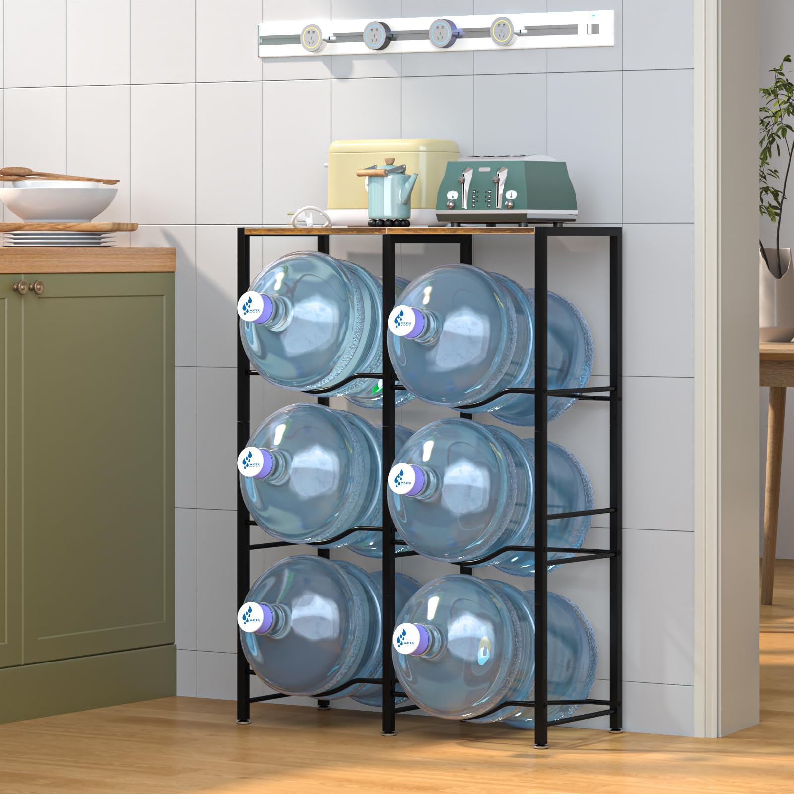 5 Gallon Water Jug Holder with Storage Rack - 3-Tier Water Dispenser Stand for Kitchen, Office, Living Room - Sturdy Brown Water Bottle Organizer for Home & Commercial Use