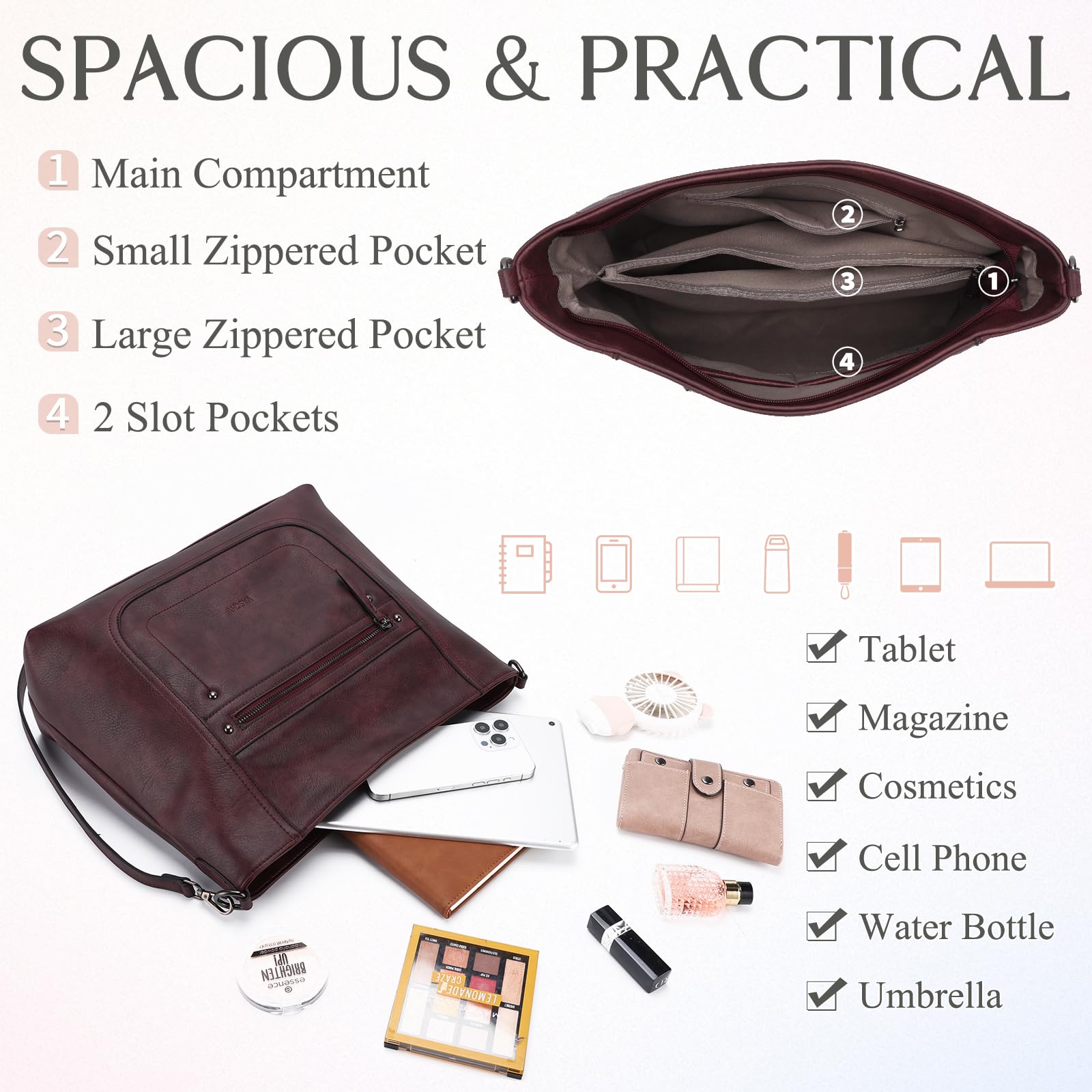 VASCHY Vegan Leather Hobo Bag for Women - Large Tote & Crossbody Purse for Work & Travel