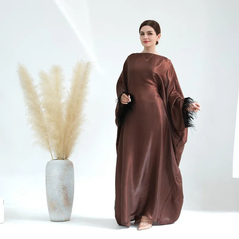 Elegant Muslim Women's Feather Sleeve Abaya Dress - Soft Nylon Cotton Blend - Perfect for Prayer, Eid Celebrations & Modest Fashion