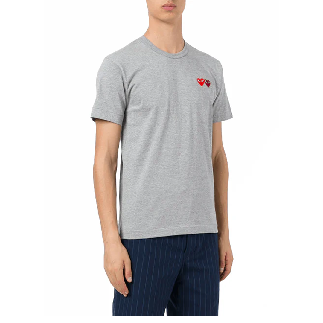 CDG Double Heart Grey T-Shirt - Unisex Casual Cotton Tee for Streetwear & Everyday Outfits