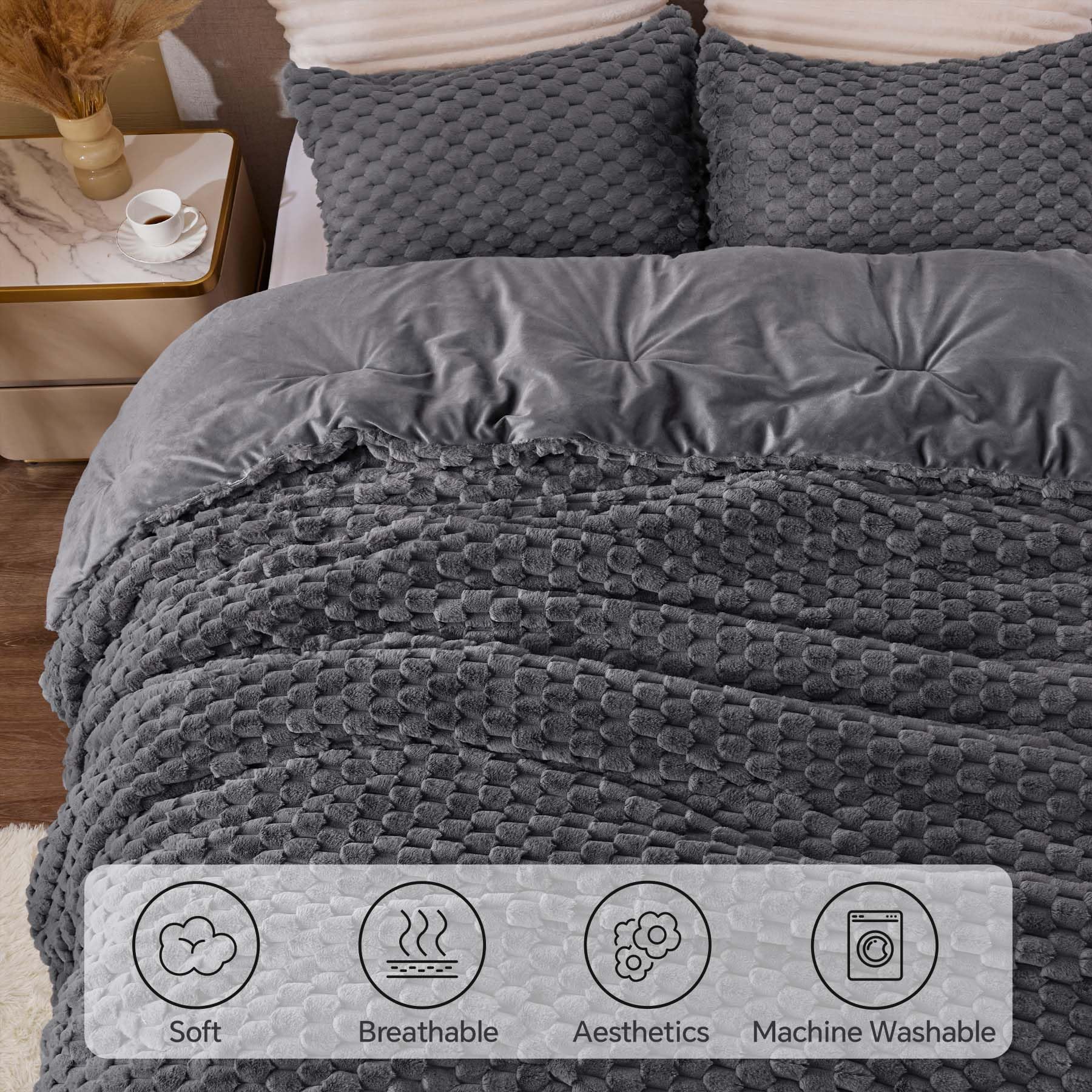 BEDELITE Fluffy King Size Comforter Set - Ultra Soft Grey Fleece Bedding for King Beds | 3-Piece Winter Warm Comforter with Pillowcases | Cozy Luxury Bed Set for Cold Nights & Master Bedrooms
