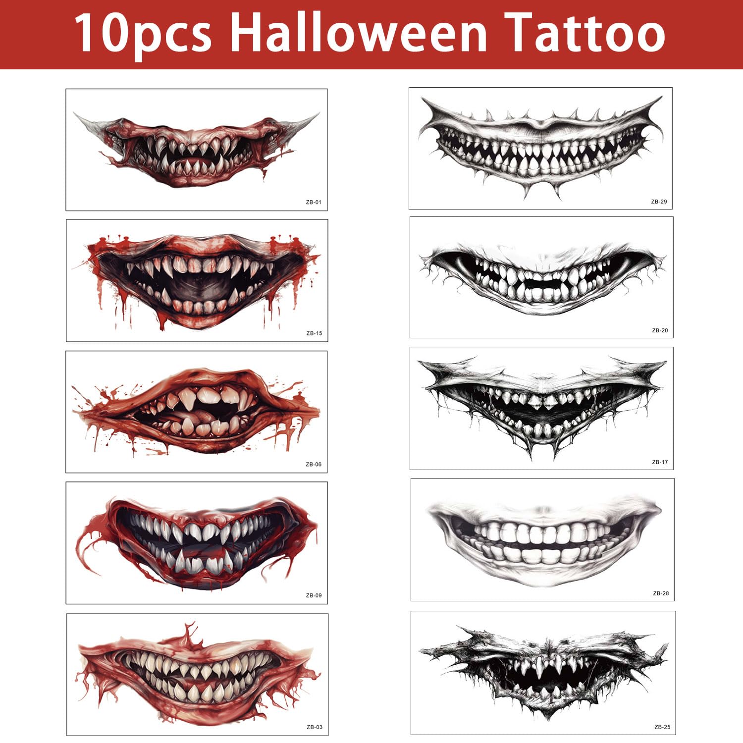 KEELYY 10 Pack Halloween Mouth & Skeleton Temporary Tattoos - Creepy Face Tattoos for Halloween Makeup, Parties, Carnival & Day of the Dead - Perfect for Costumes, Scary Dress Up & Spooky Events