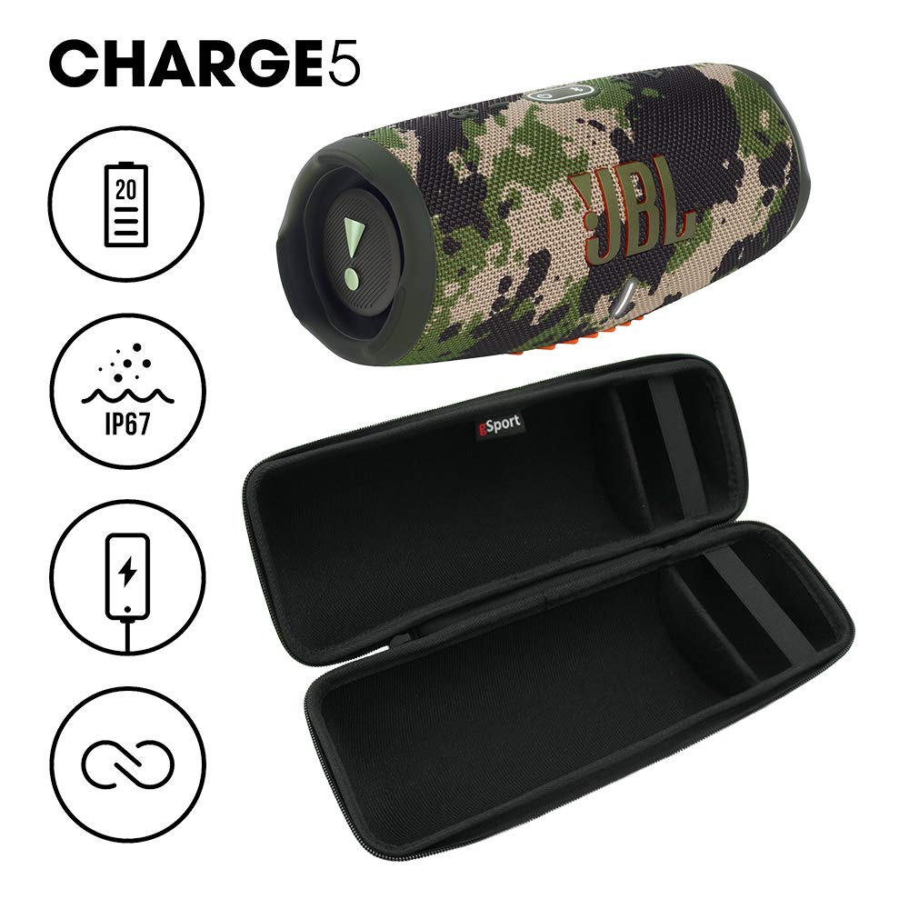 JBL Charge 5 Waterproof Bluetooth Speaker with Built-in Power Bank - 20 Hours Playtime, IP67 Dustproof & Shockproof - Includes gSport Carbon Fiber Case (Green Camo) - Perfect for Beach, Pool, Camping & Outdoor Adventures