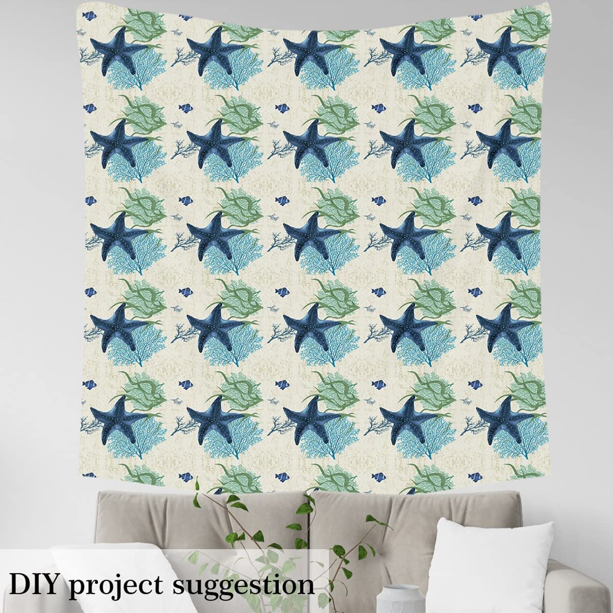 Starfish Beach Fabric by The Yard - 1 Yard Waterproof Outdoor Upholstery Fabric in Coral Teal Blue for Kids Coastal Decor, Chairs & Marine-Themed Furniture | Perfect for Beach House, Patio & Outdoor Furniture Projects