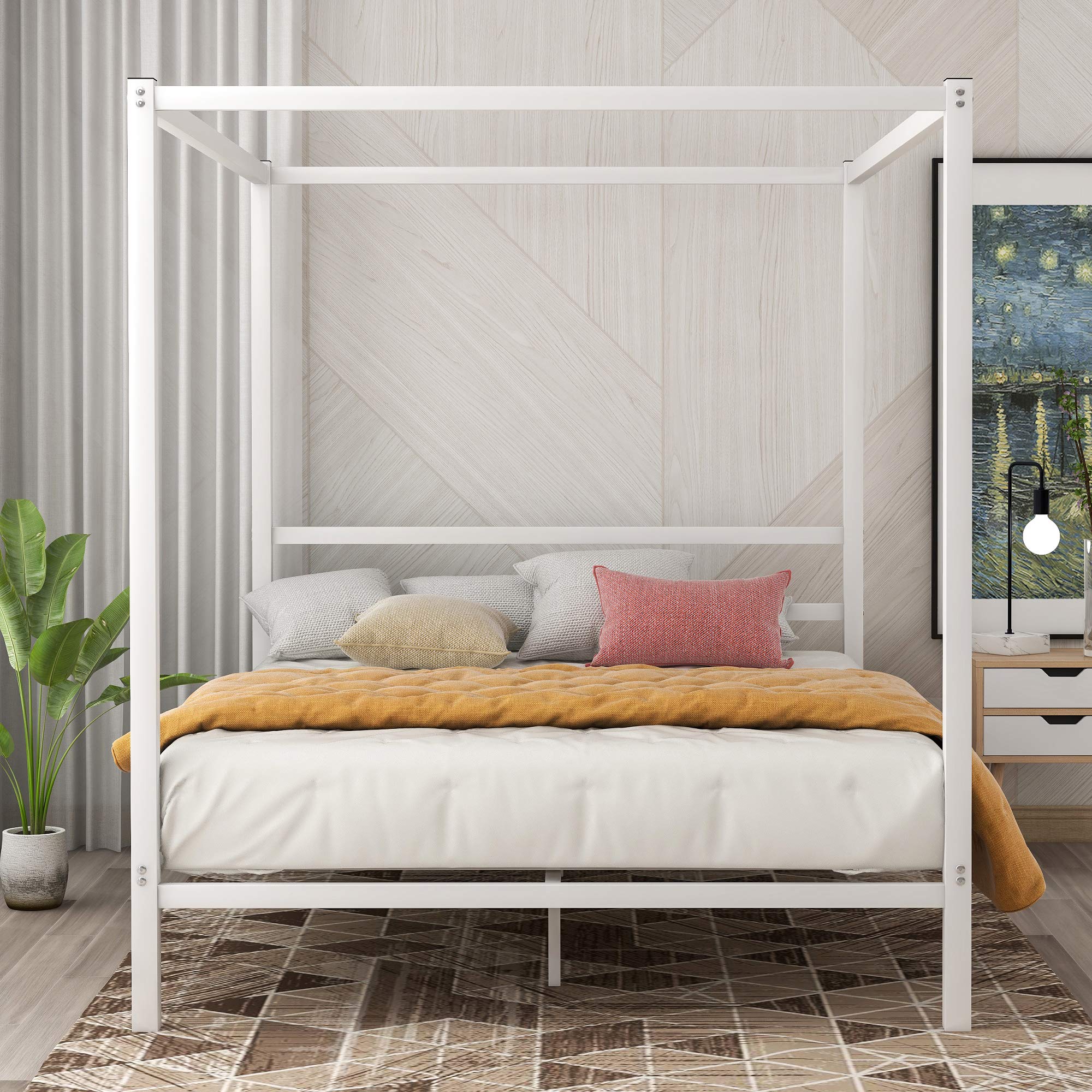 Metal Frame Canopy Platform Bed with Built-in Headboard - No Box Spring Required - Classic Design Queen Size Bed in White - Perfect for Modern Bedrooms, Guest Rooms & Small Spaces
