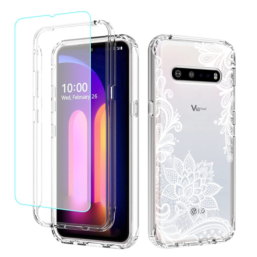 Premium Clear Mandala Phone Case for LG V60 ThinQ 5G/LM-V600 - Shockproof Protective Cover with Tempered Glass Screen Protector - Cute Artistic Design for Women & Men - Perfect for Daily Use, Work & Travel