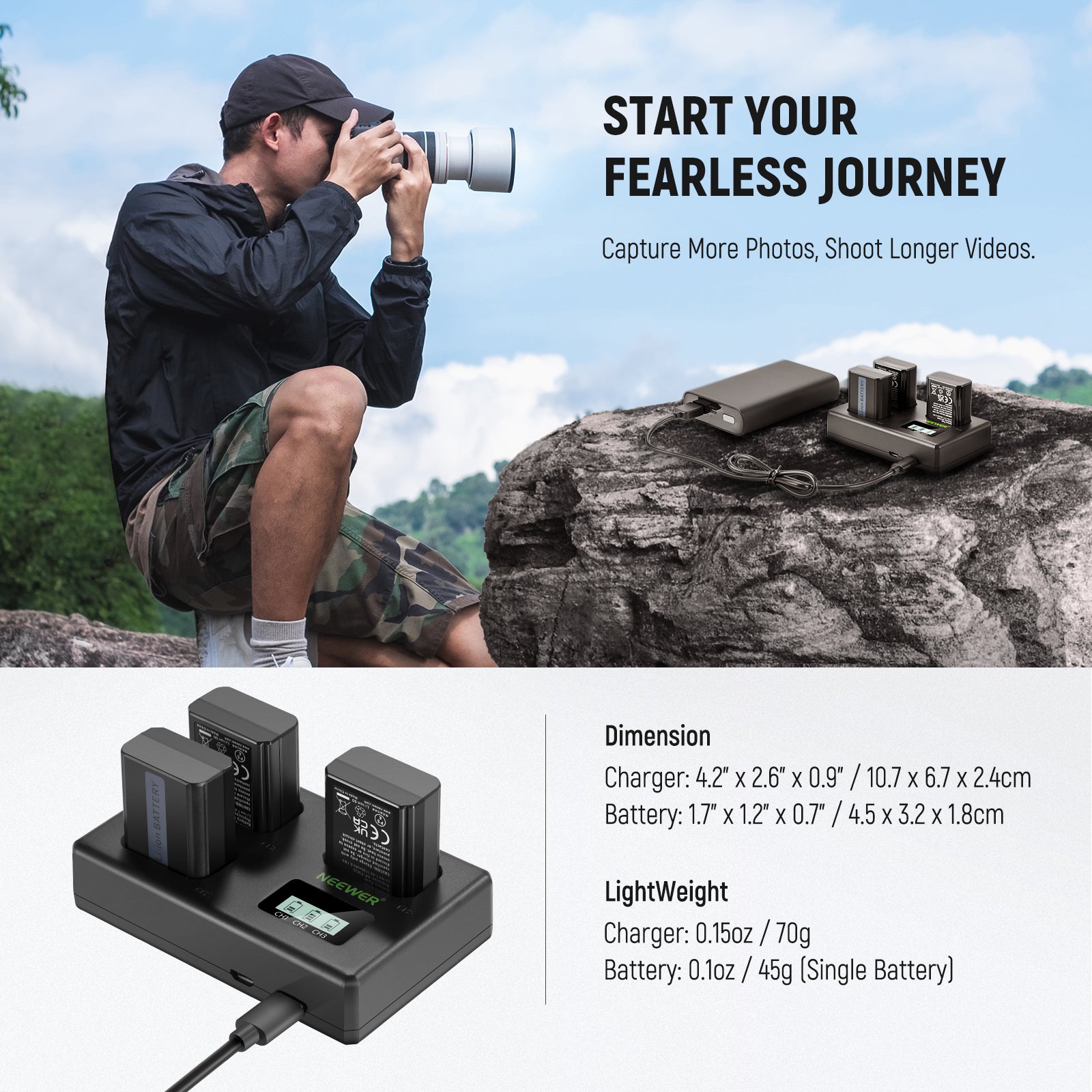 NEEWER NP-FW50 3-Pack Replacement Battery and Dual USB Charger for Sony Cameras - Perfect for Travel, Vlogging & Professional Photography