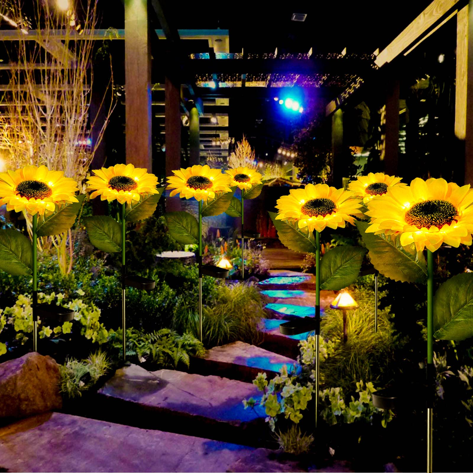 Upgraded 4-Flower Solar Sunflower Lights - Waterproof Outdoor Solar Garden Lights for Patio, Yard, Flowerbed & Cemetery Decor - Perfect for Christmas, Summer & Memorial Day Decorations
