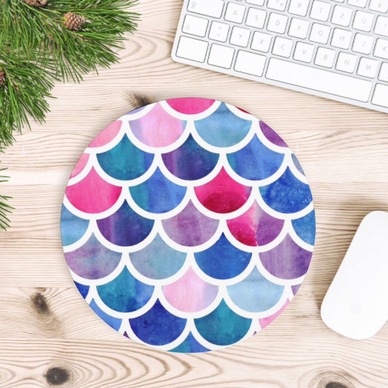 Round Gaming Mouse Pad with Mermaid Scales Design - Non-Slip Rubber Base, Portable Office & Laptop Mousepad for Wireless Mouse - Perfect for Work, Gaming & Home Computer Setup