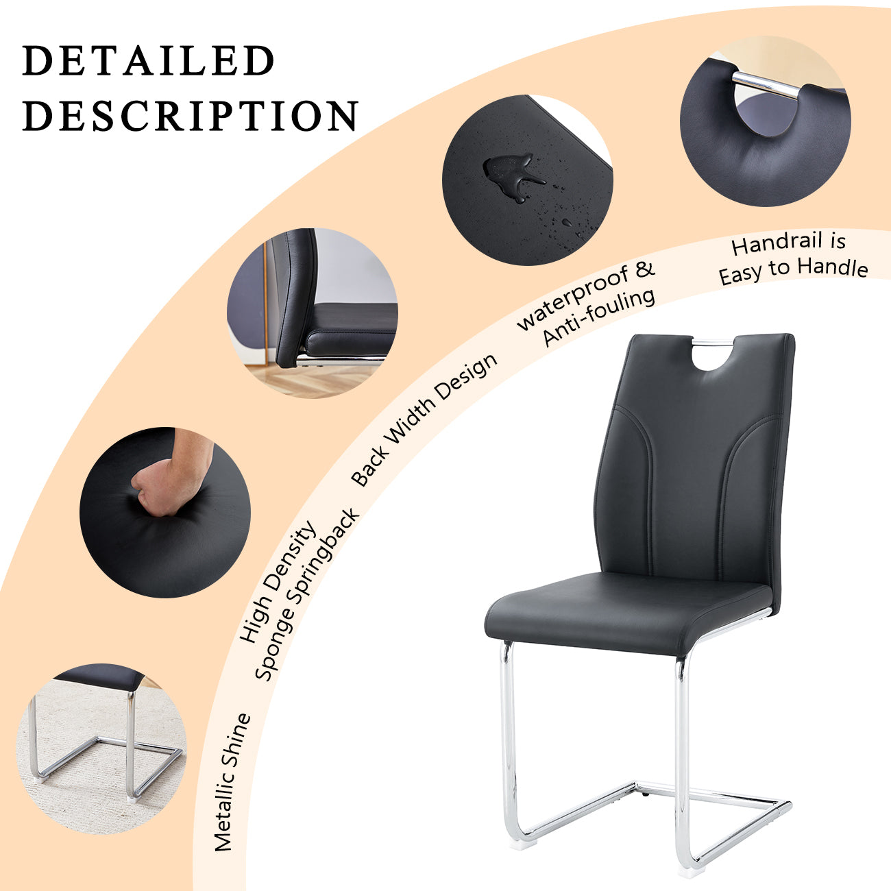 Modern Black PU Leather Dining Chairs Set of 2 - Waterproof & Stain-Resistant with Silver Metal Legs - Elegant Office, Restaurant, Kitchen & Conference Room Seating - Perfect for Home Dining & Commercial Spaces