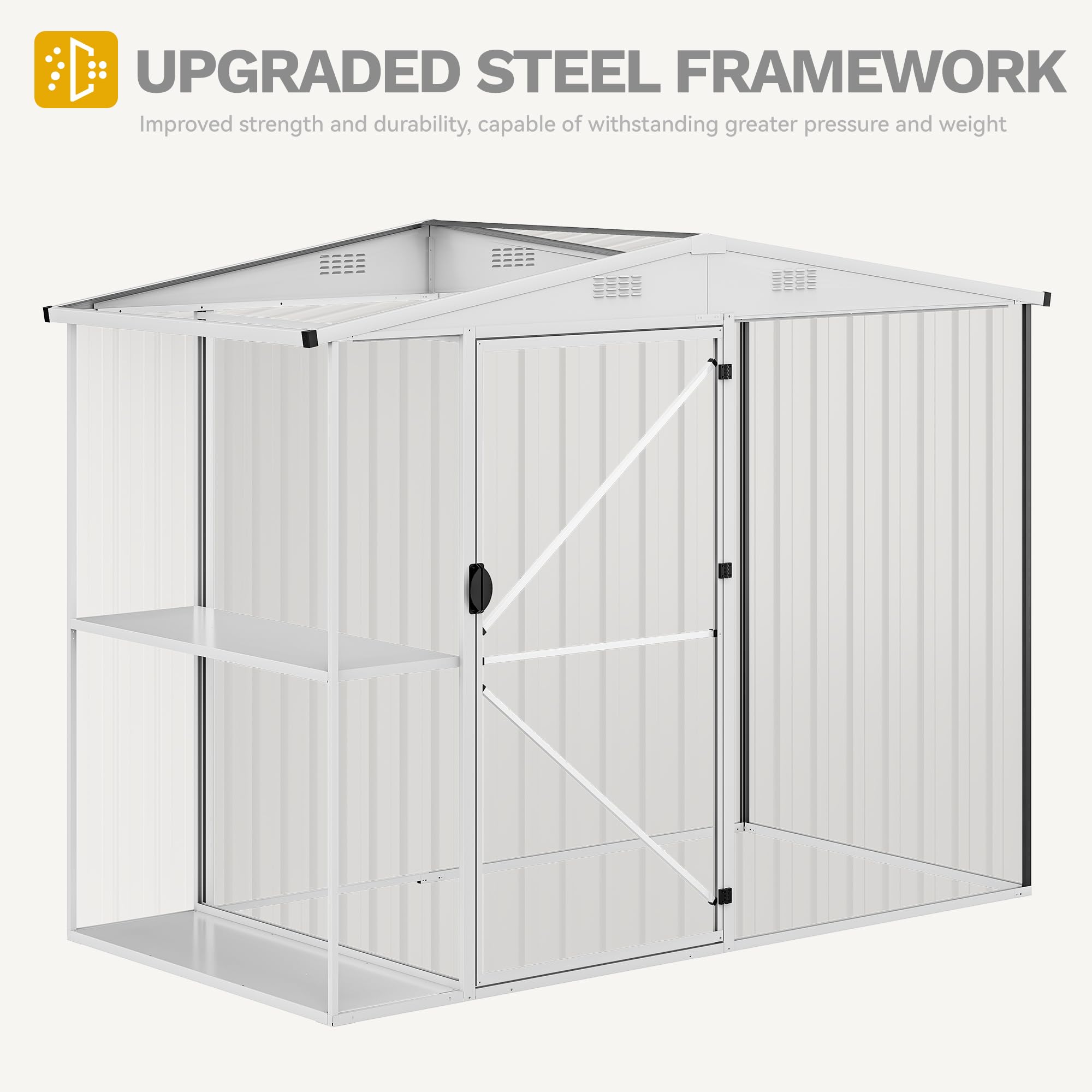 DWVO 8x4FT Outdoor Metal Storage Shed with Rack & Shelves - Heavy Duty Garden Shed for Bike, Tool & Lawn Equipment Storage - Perfect for Backyard, Patio & Garage Organization (Black)