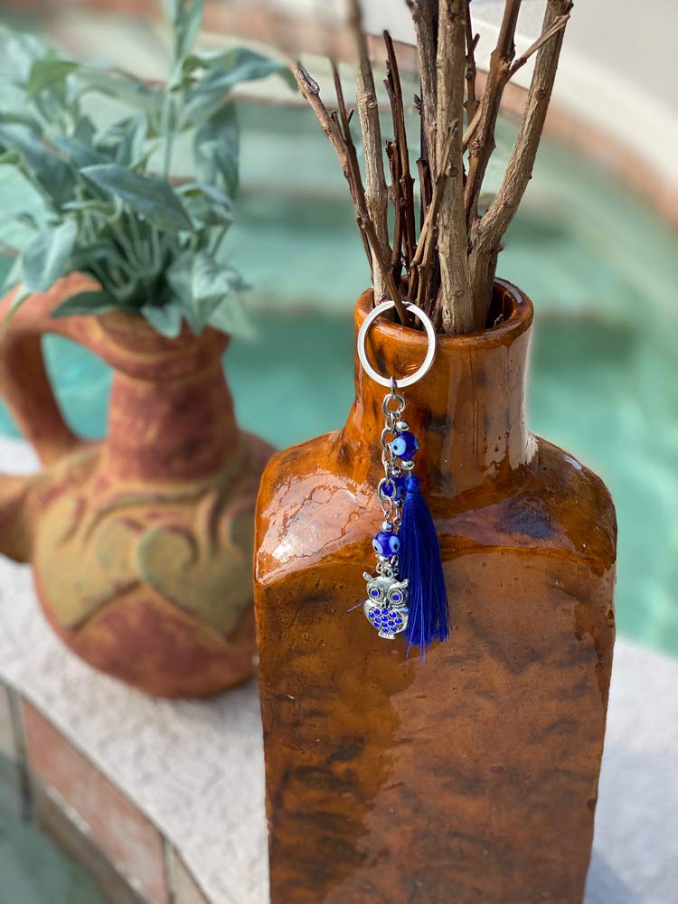 Lucky Dragonfly & Owl Keychain with Blue Crystal, Tassel & Evil Eye Bead - Good Fortune Charm for Home, Bags & Car Mirror (2”x5.5”) - Perfect Gift for Protection & Blessings in Daily Life