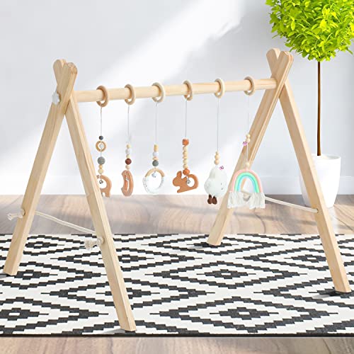 Golener Wooden Baby Play Gym with 6 Infant Activity Toys - Foldable Frame Hanging Bar & Pull Ring - Toddler Activity Center for Newborns (0-12 Months) - Perfect Baby Shower Gift for Boys & Girls - Easy Assembly - Ideal for Tummy Time, Sensory Play & Early Development