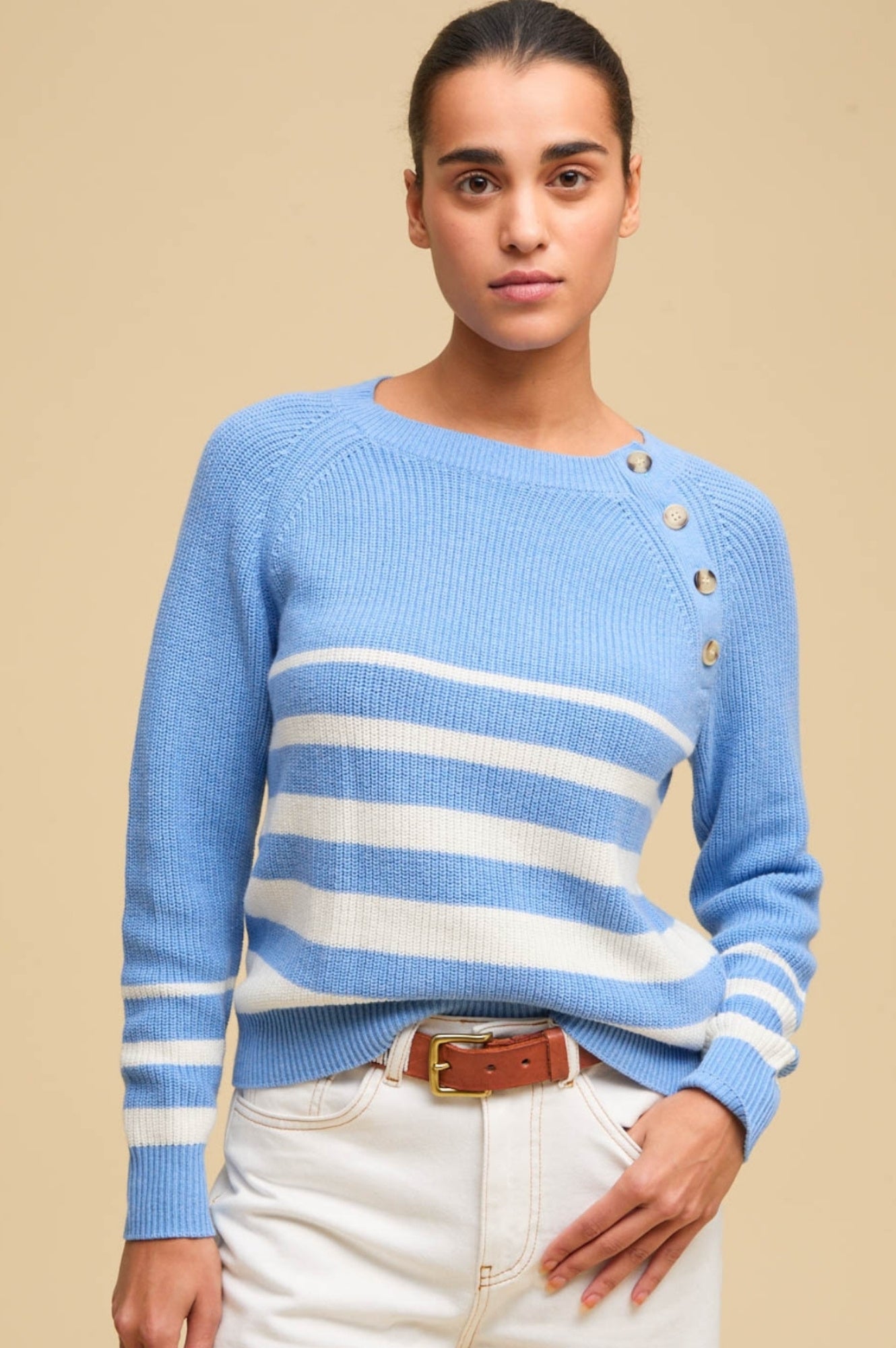 Rhia Jumper - Women's Striped Knit Sweater in Cornflower Blue & Ivory | Cozy Fall & Winter Fashion for Casual Outings & Office Wear