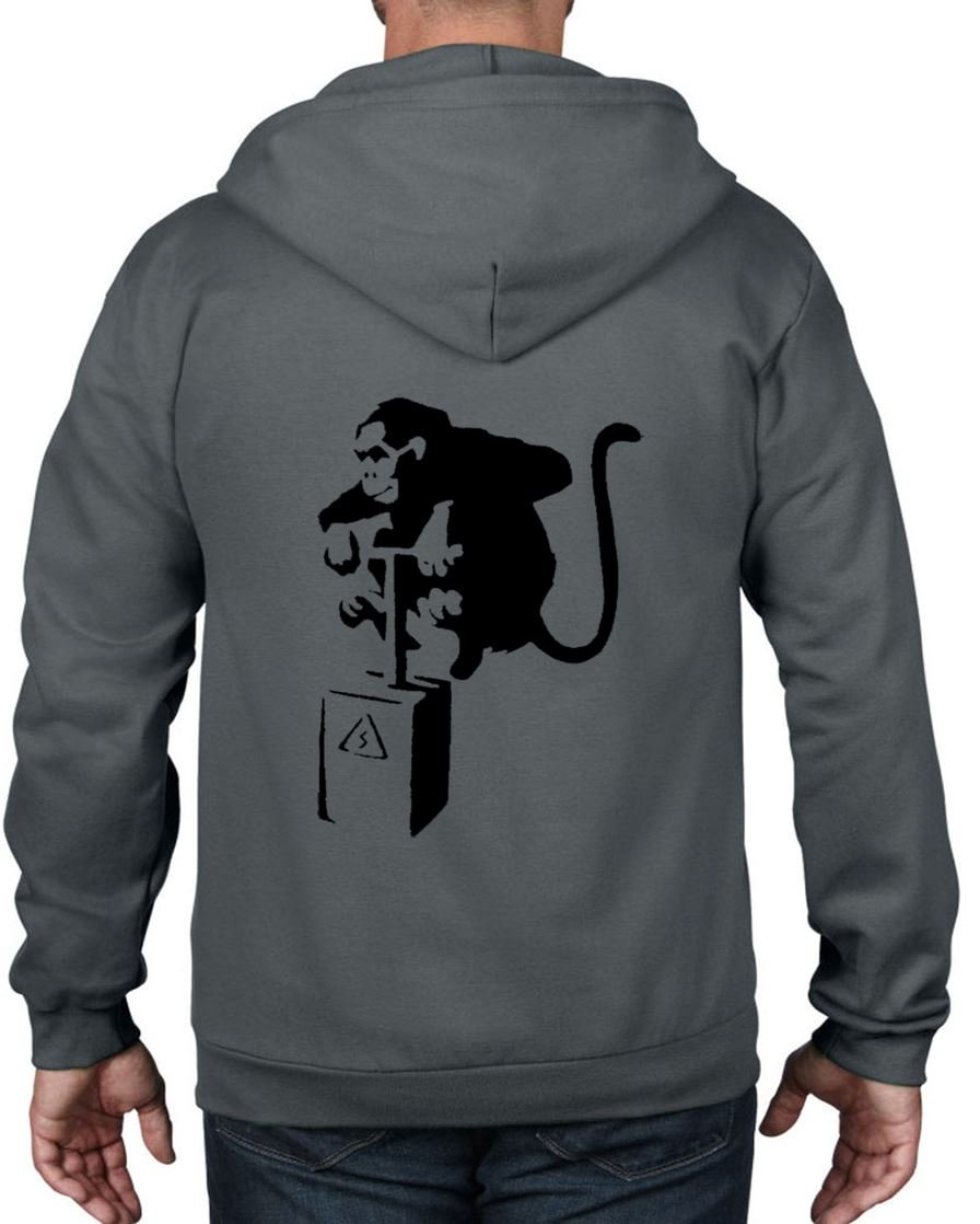 Banksy Detonator Monkey Full Zip Hoodie - Tribal Graphic T-Shirt for Men & Women (Small, Charcoal Grey) | Streetwear Fashion, Urban Style, Protest Art Clothing for Casual Wear & Social Statements