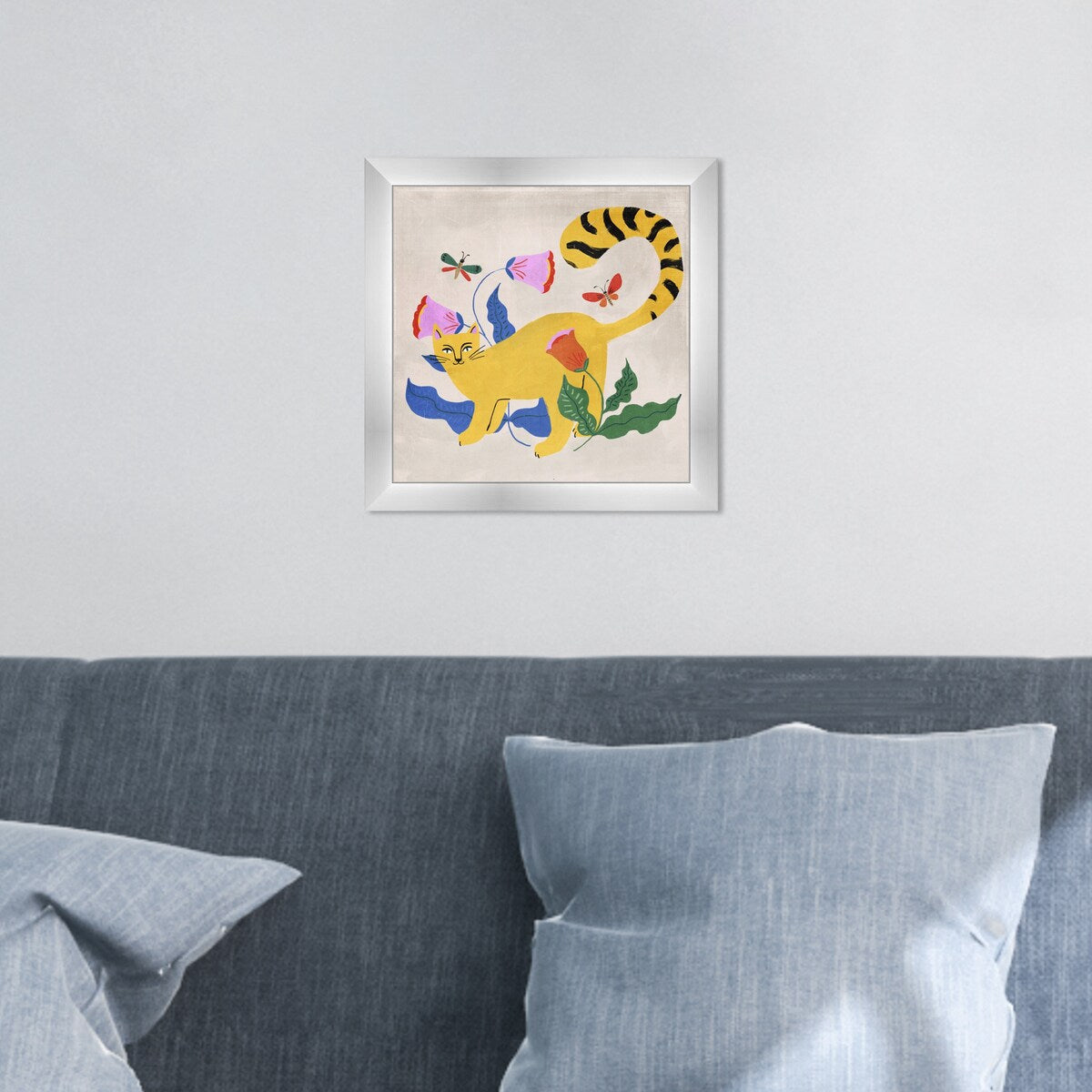 Blonde Tabby Floral Kitten Butterfly Garden Modern Yellow Framed Wall Art Print - Perfect for Bedroom, Nursery & Home Decor