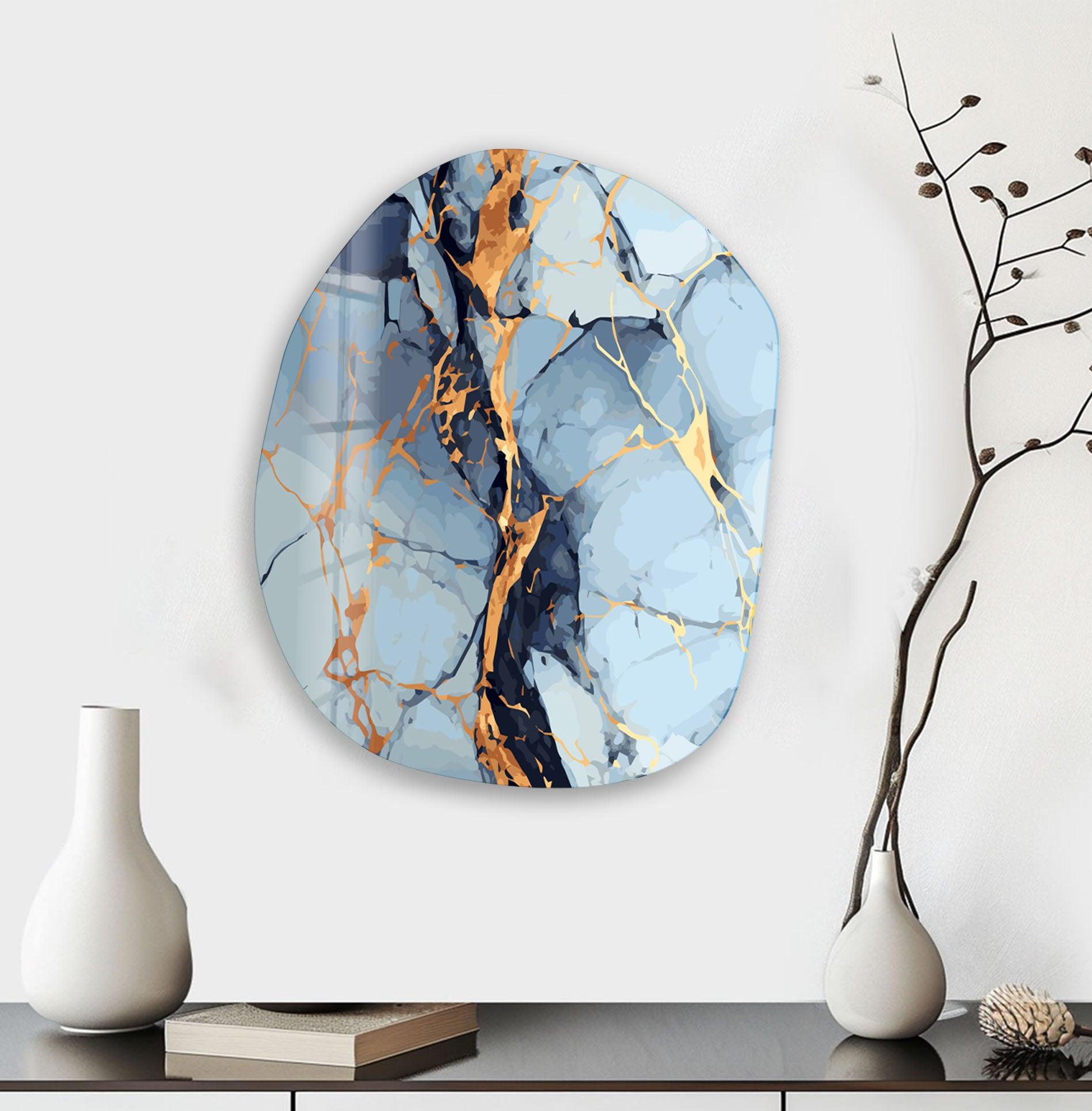 Blue & Gold Marble Oval Glass Wall Art - Elegant Home Decor for Living Room, Bedroom, Office - Perfect for Modern & Luxury Interior Design